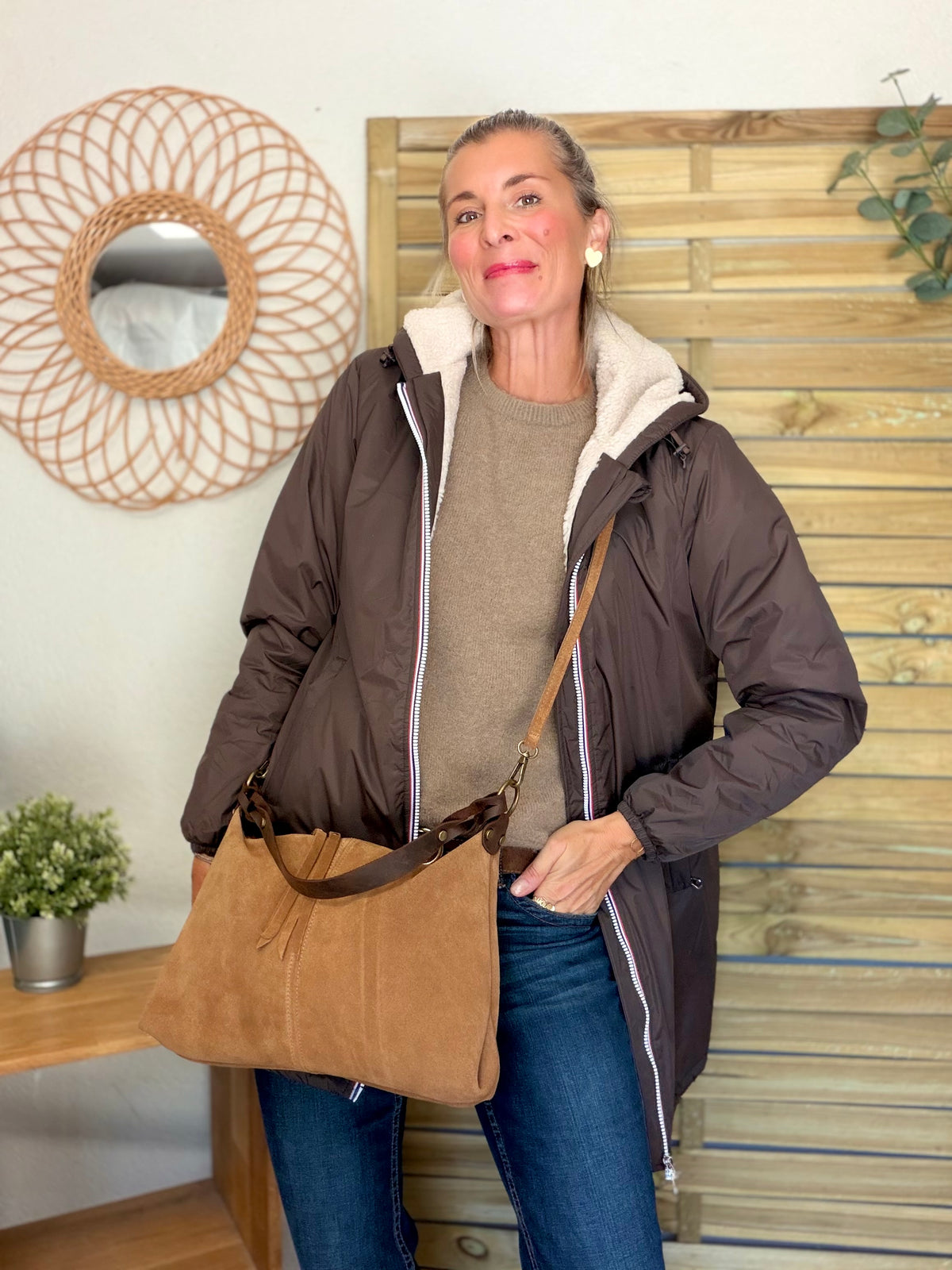 Sac hobo en cuir daim souple, double bandoulière ANDREW Camel clair