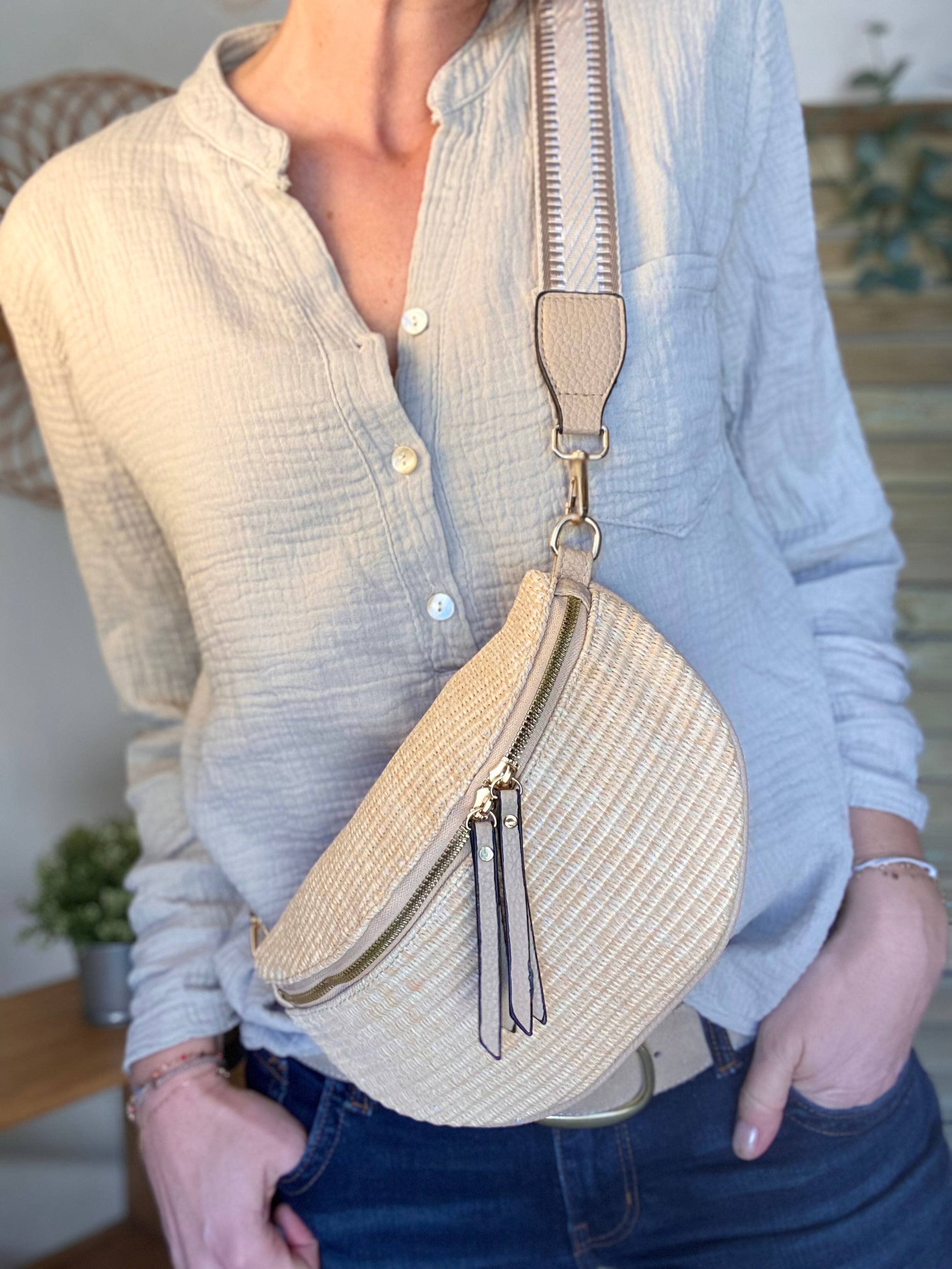 Sac banane M - JESSY - Rafia Beige