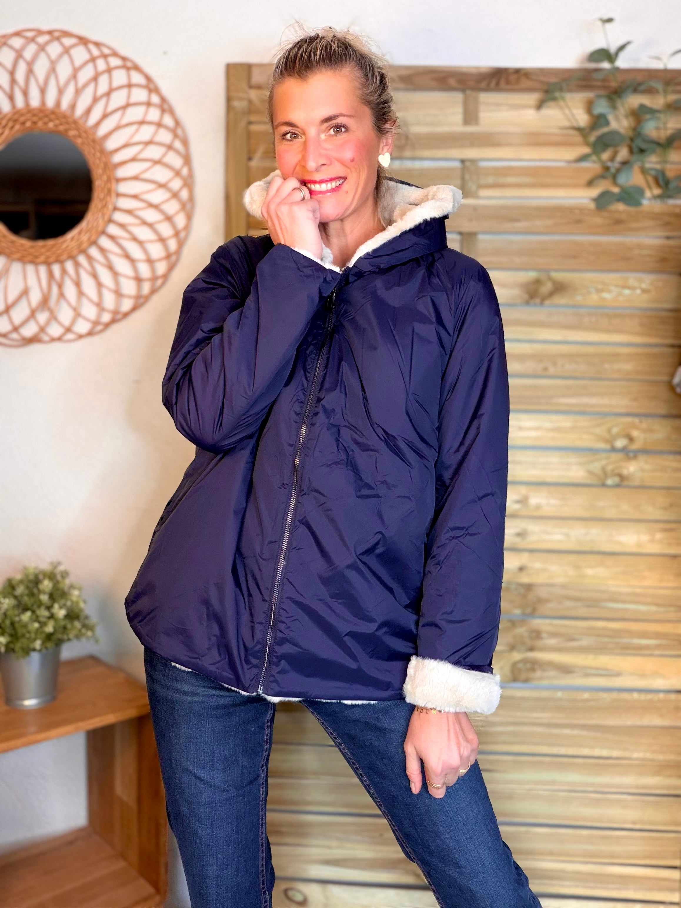 Parka Imperméable réversible fourrée Marine / Beige ALIX Court - LAURA JO