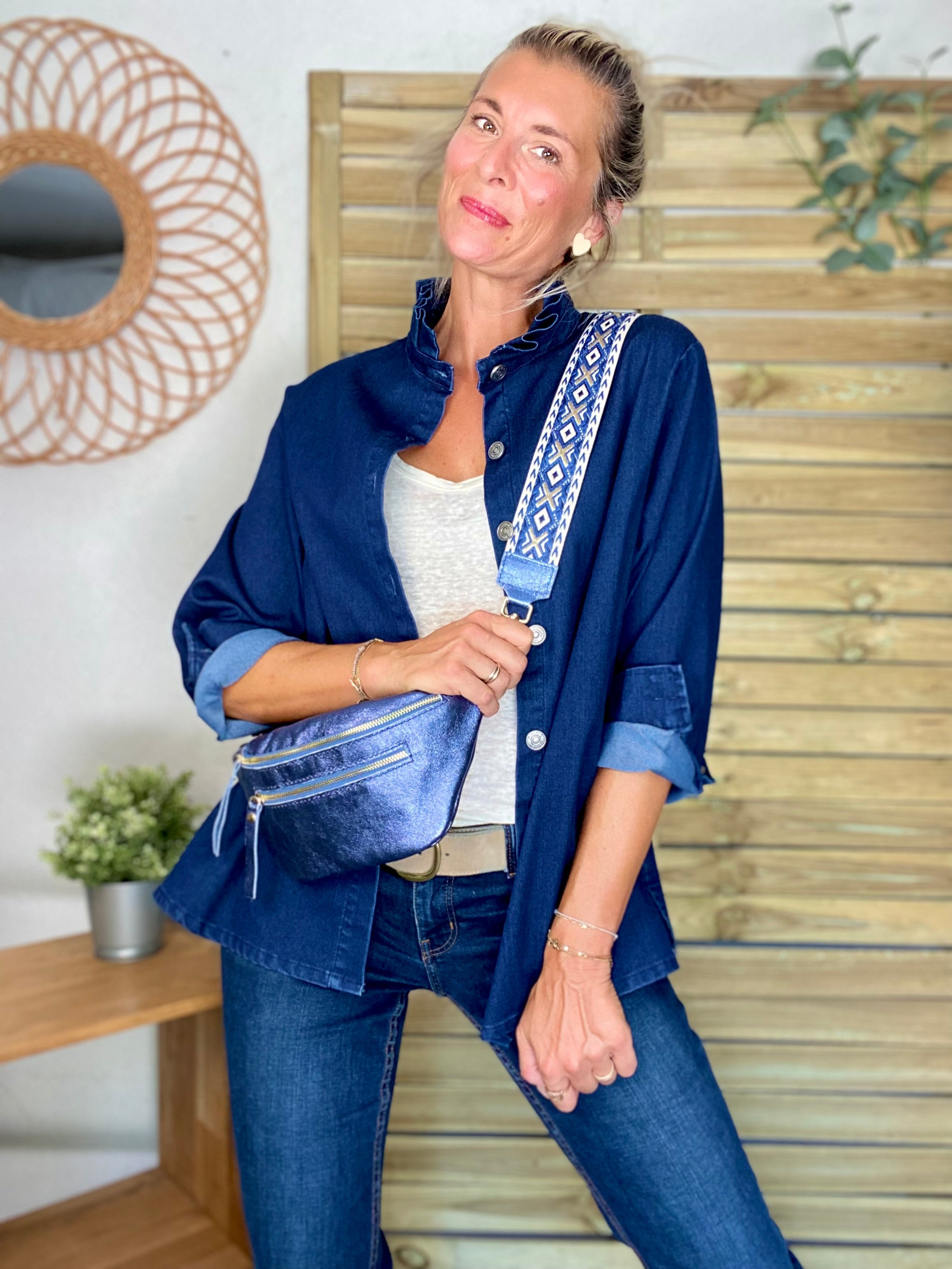 Veste / Chemise en coton, col volanté Bleu Jean LISON