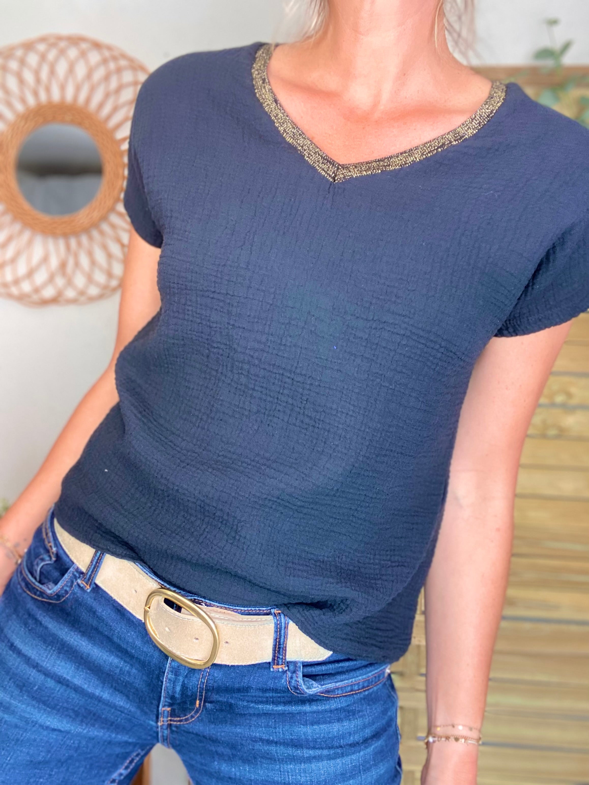 Précommande Expédition mi mai - Top en gaze de coton et lurex MARTA - Noir