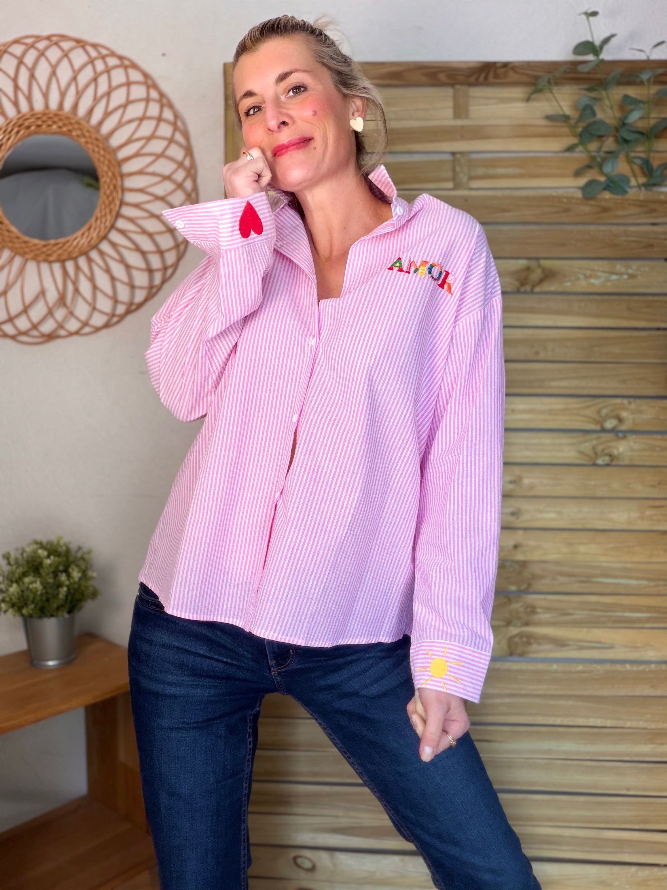 Chemise rayée brodée AMOR rose ❤️☀️ SHANIA