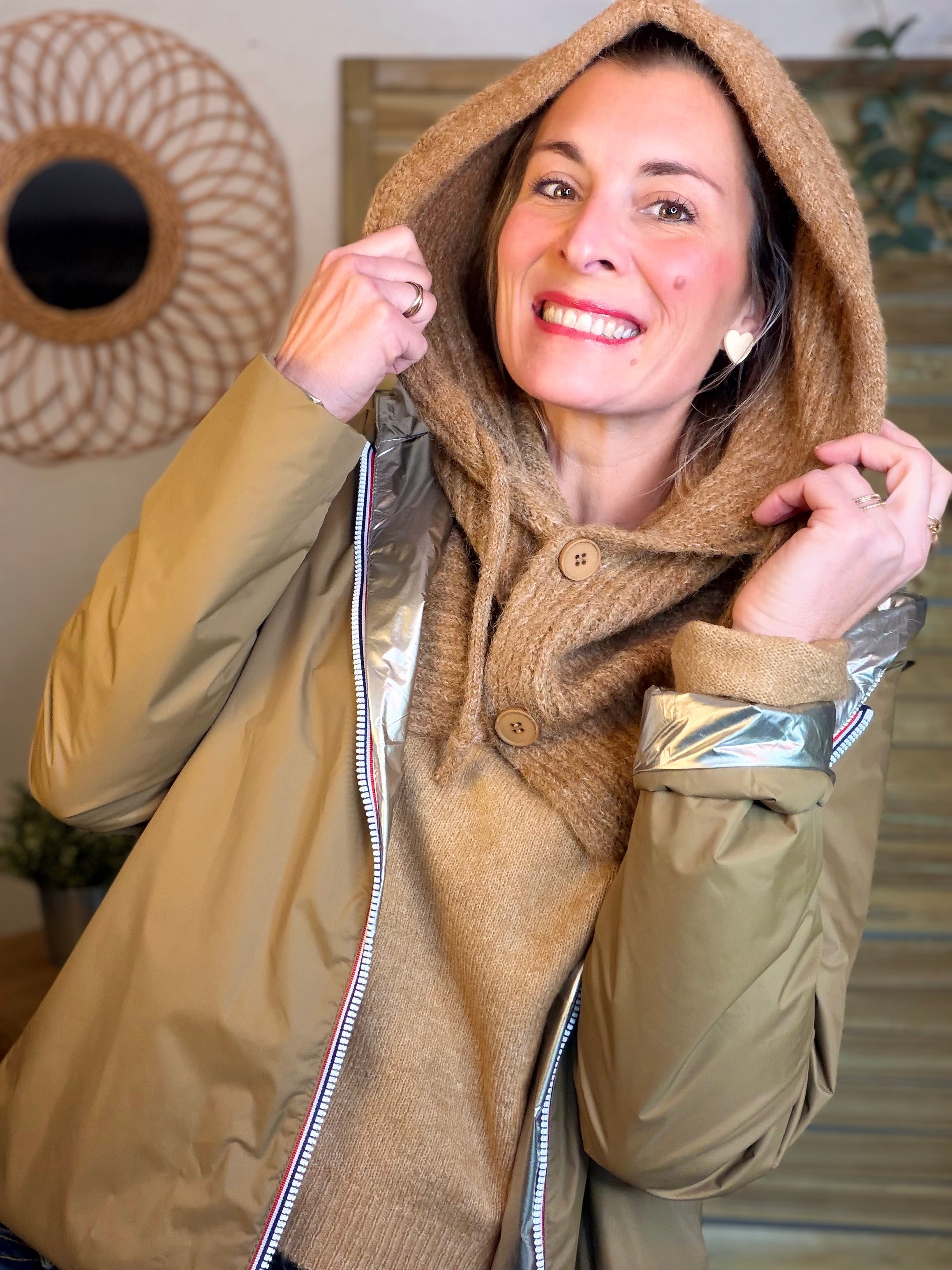 Col cagoule LORIE en maille avec bouton - Camel