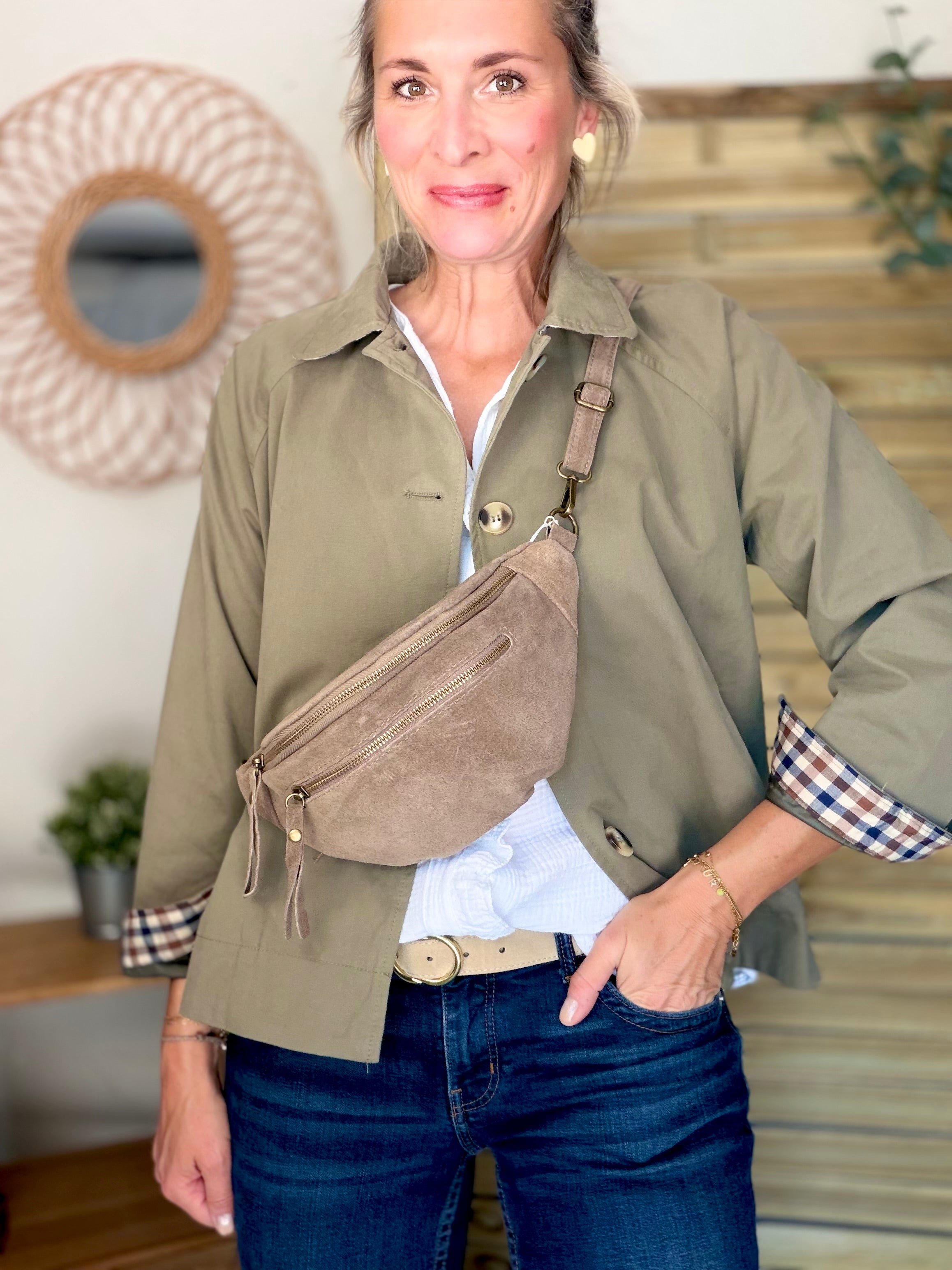 Sac banane double poche en cuir daim - OPALINE - Taupe