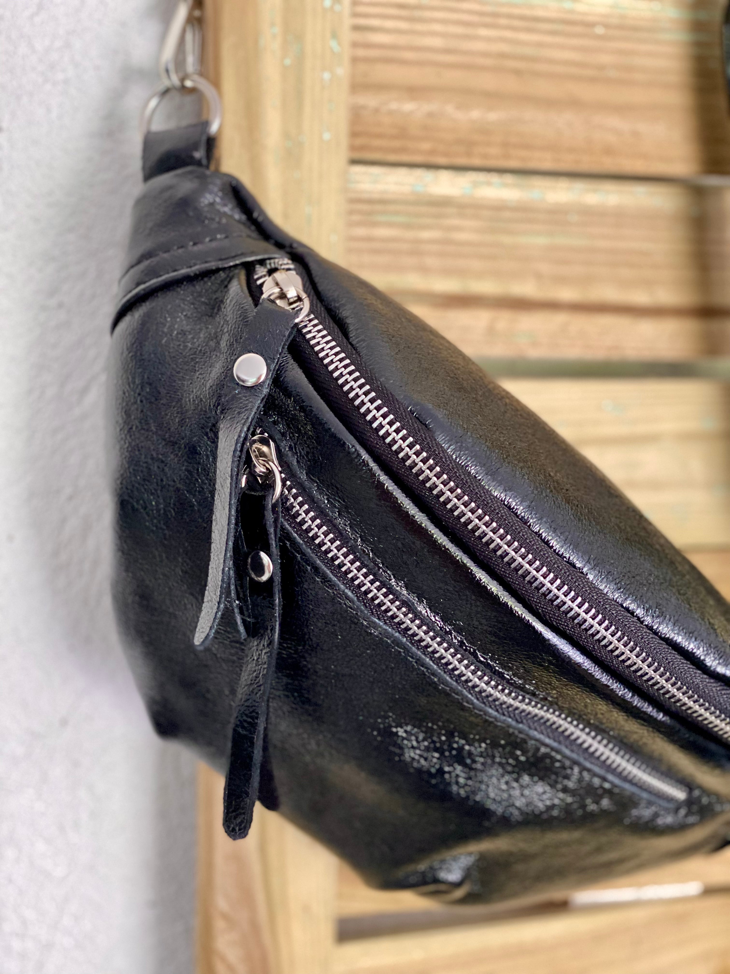 Sac banane en cuir irisé double poche - OPALE - noir