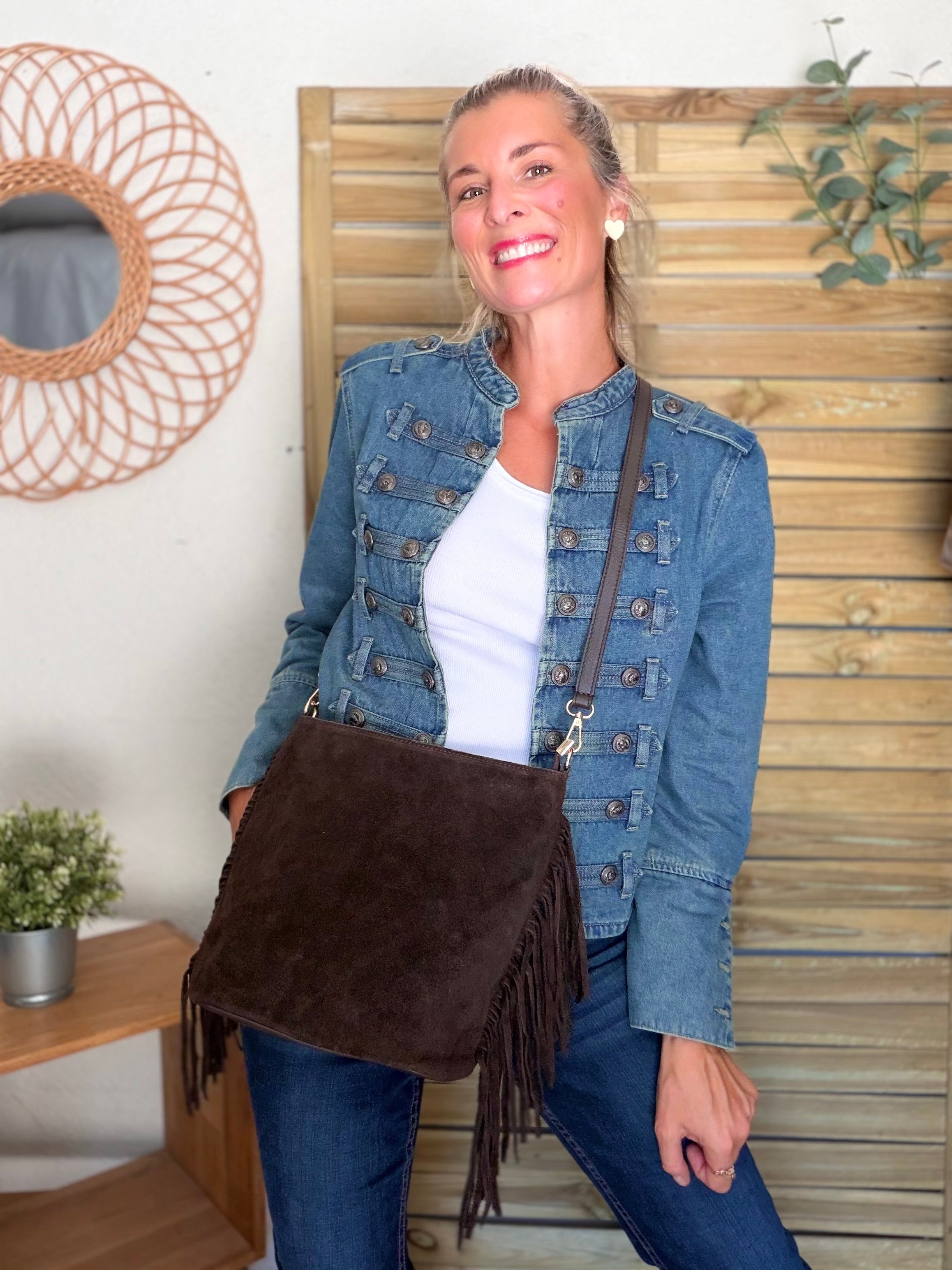 Sac seau en cuir daim avec franges KYLIE - Chocolat
