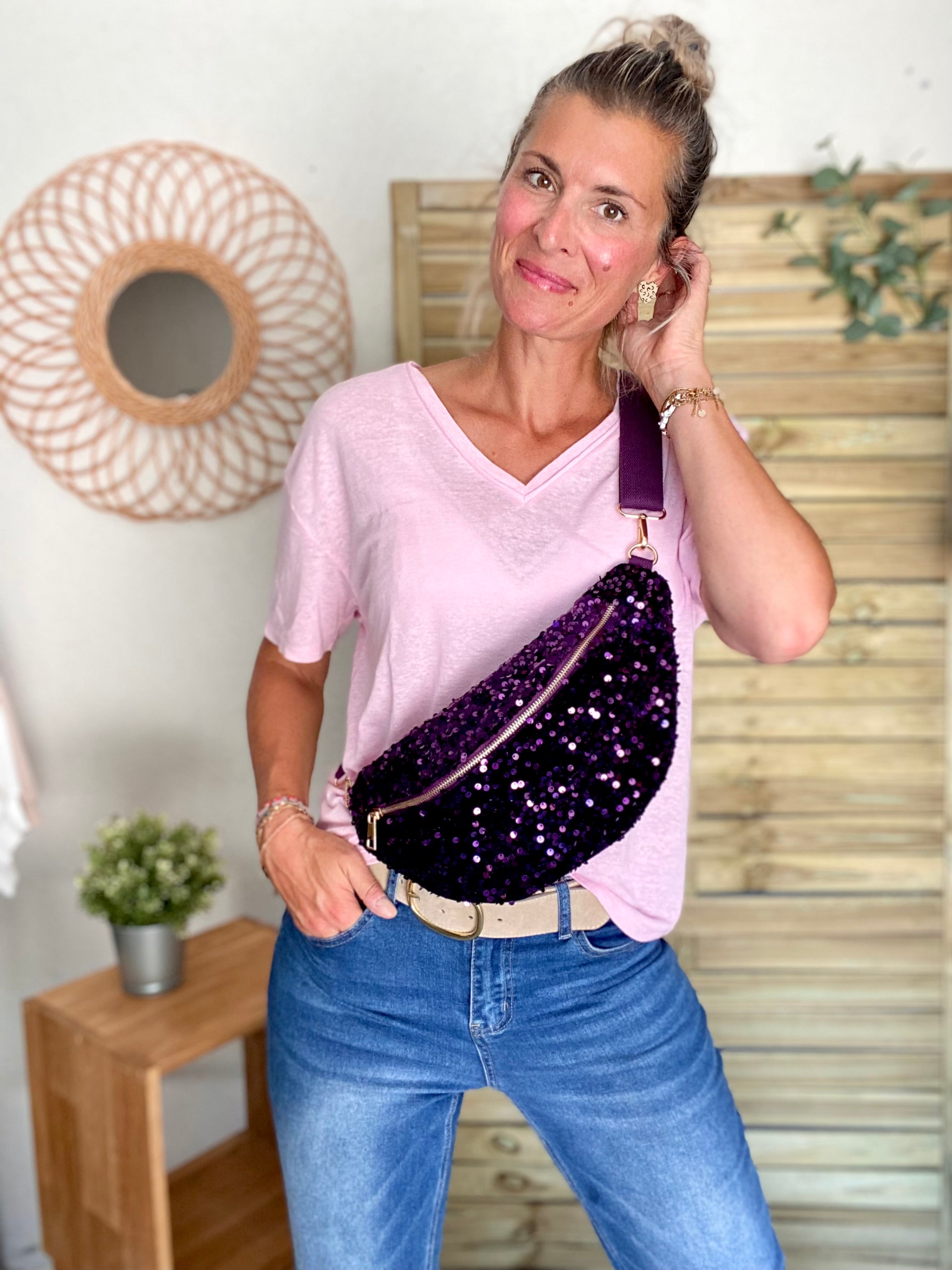 Sac banane L velours à sequins Ciao Boum- TAYLOR - Violet