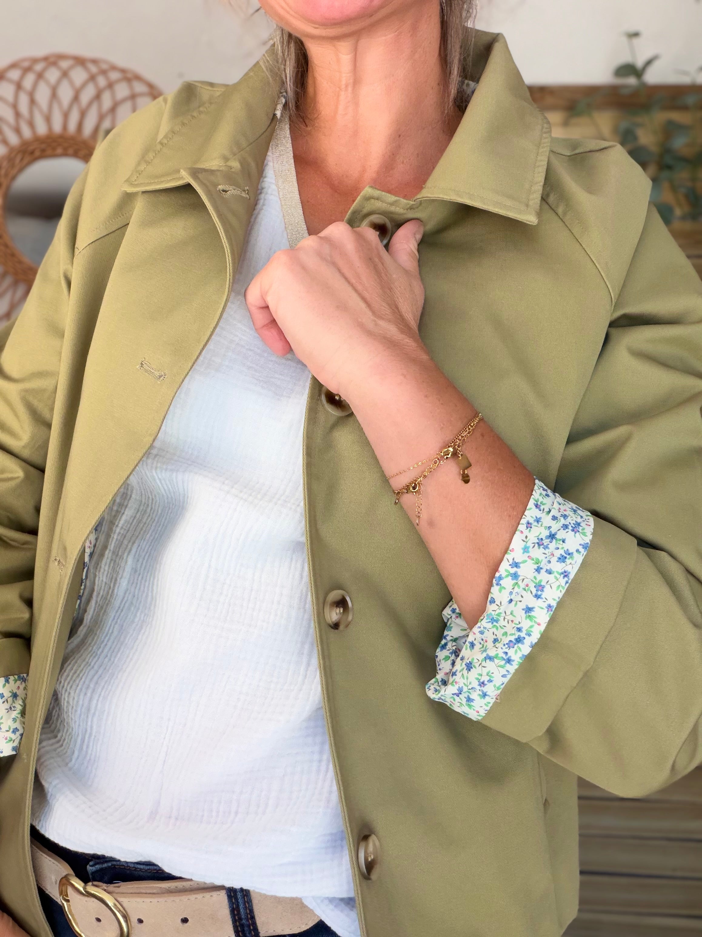 Veste Trench en coton avec Liberty - JOHAN Kaki clair