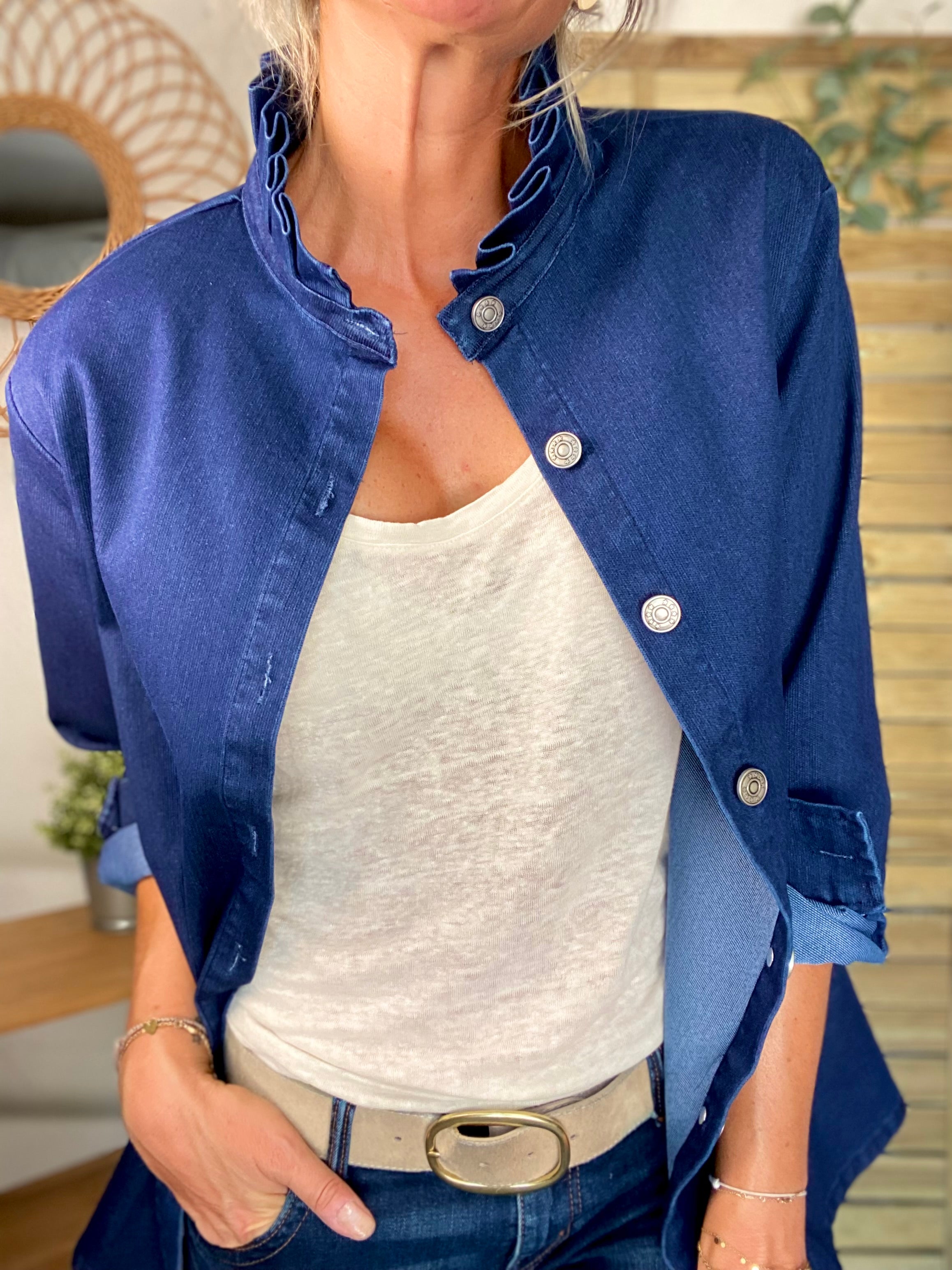 Veste / Chemise en coton, col volanté Bleu Jean LISON