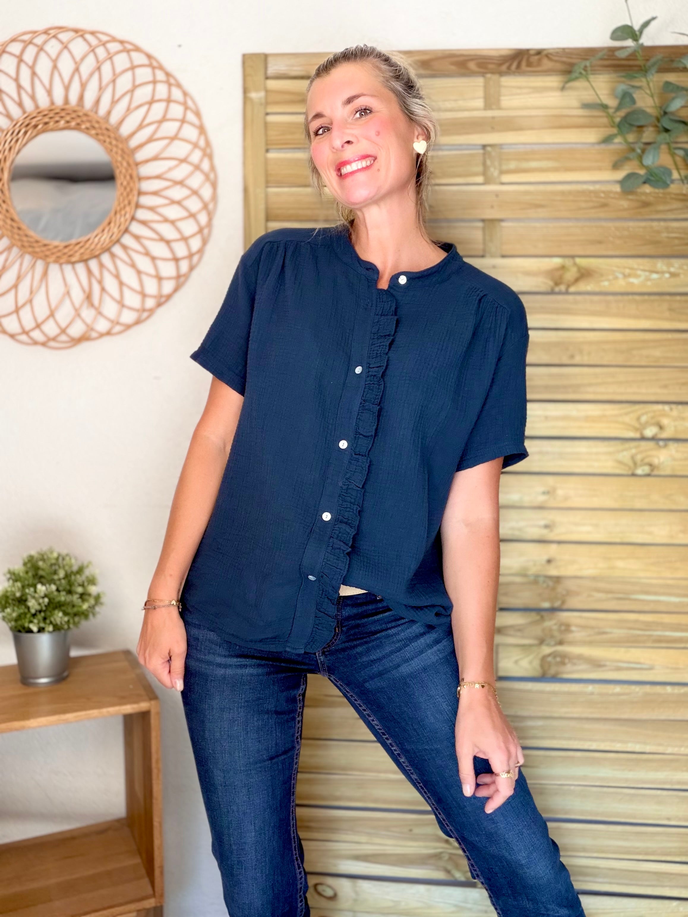 Blouse en gaze de coton ANAËLLE Bleu marine