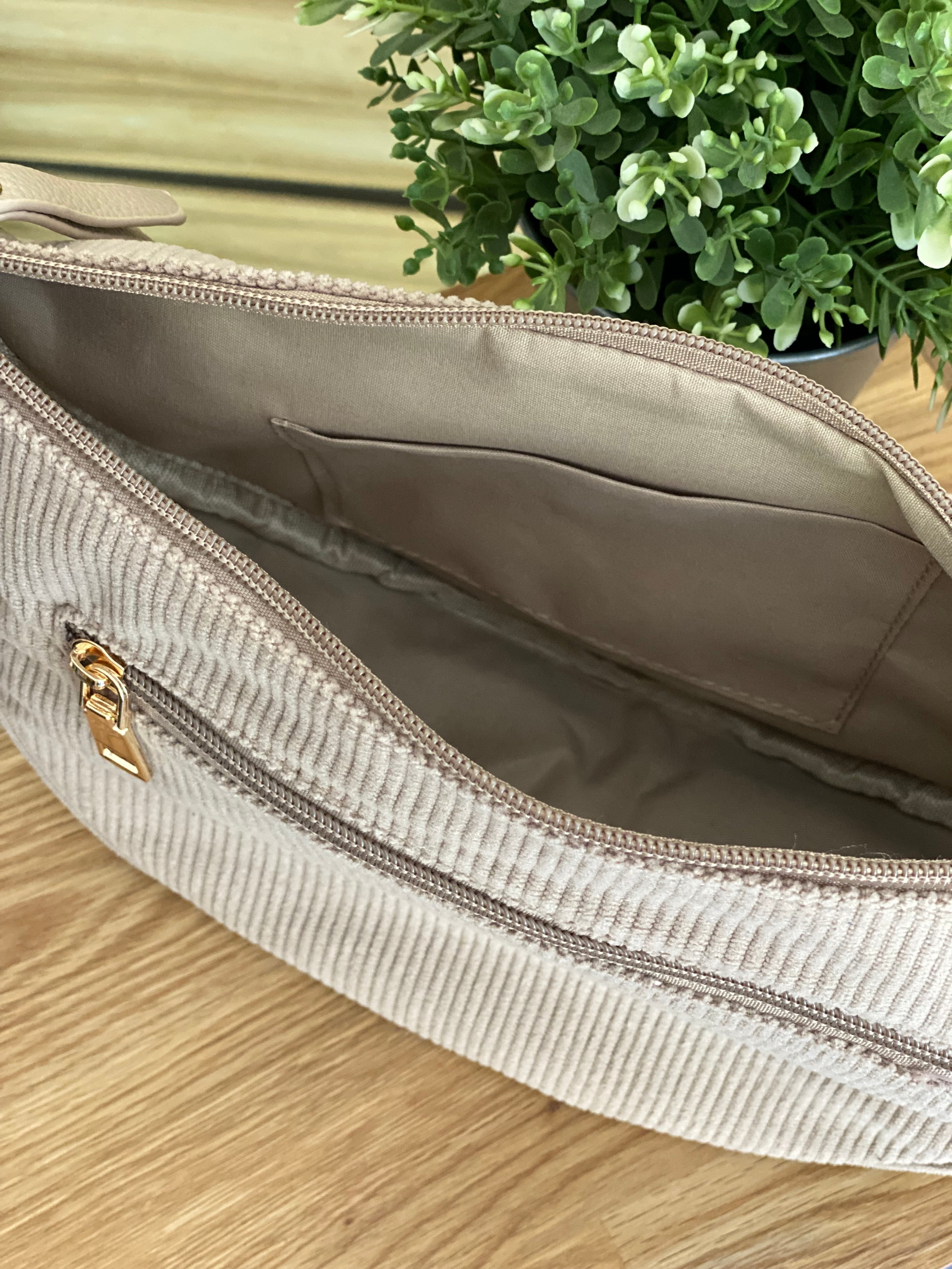 Sac besace demi-lune XL velours côtelé - AMY - Beige clair