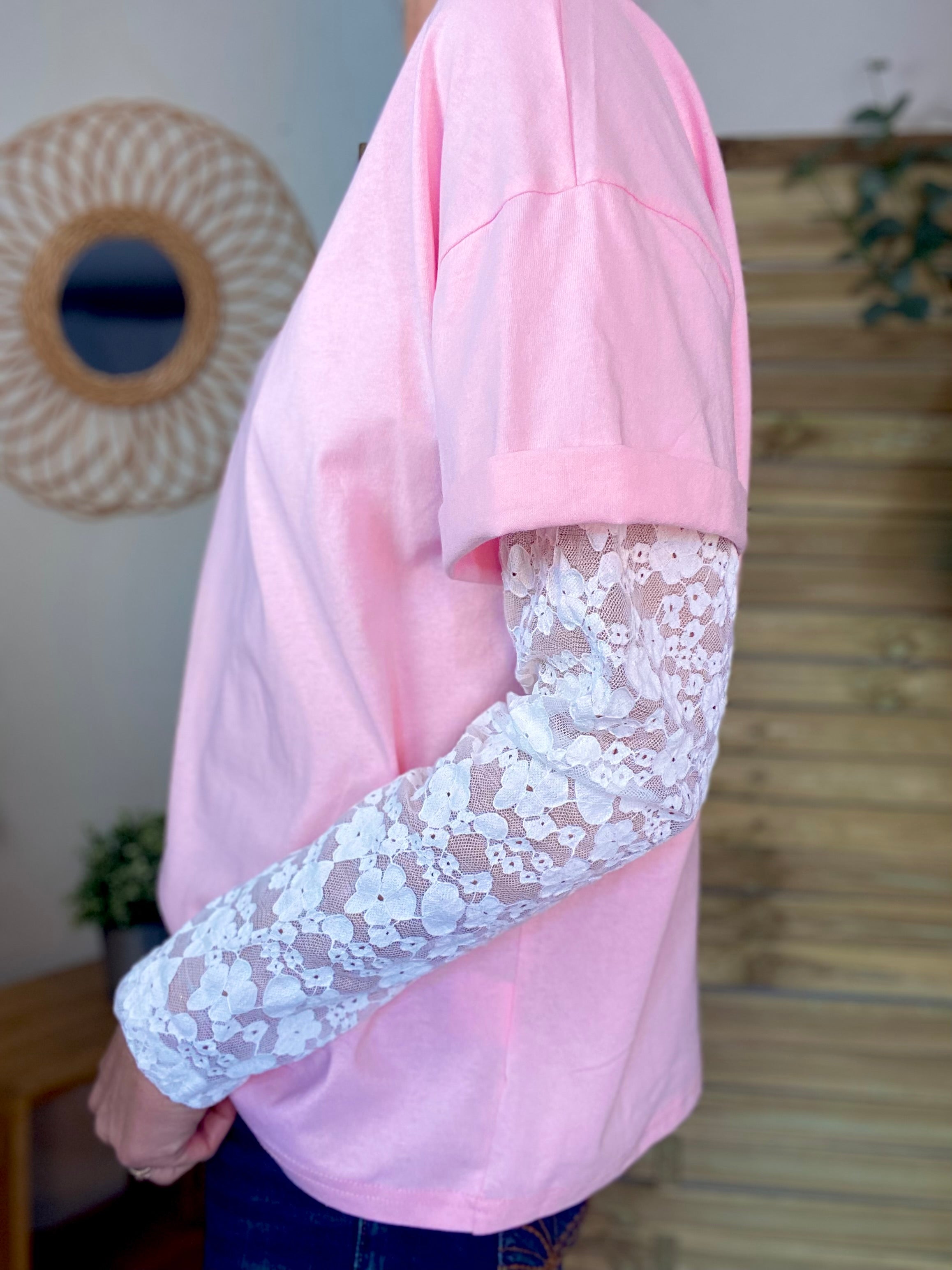 Tee shirt avec manches longues dentelle PAMELA - Rose