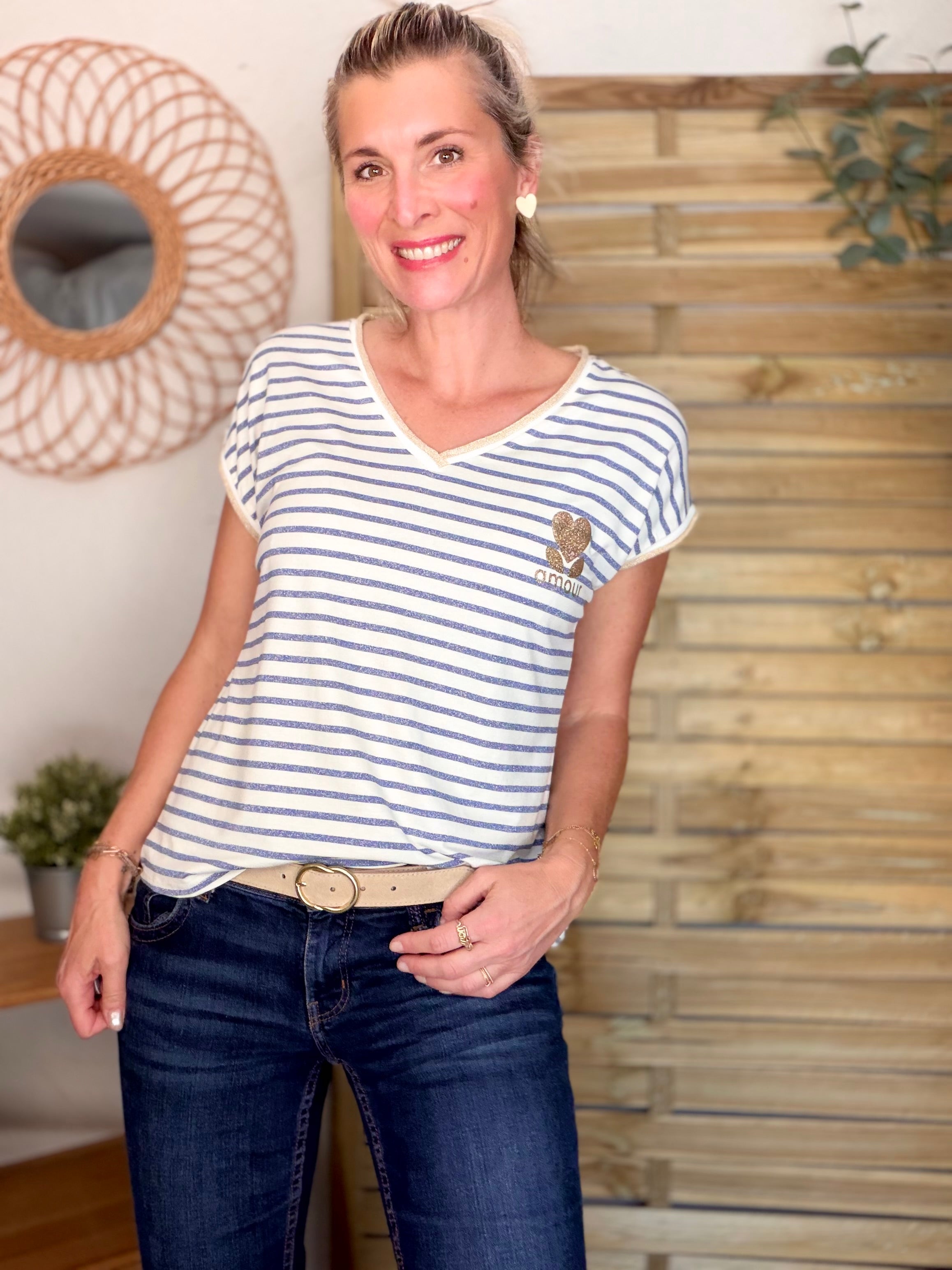 Top rayé col V amour 💛 NAOMIE - Bleu jean / Doré