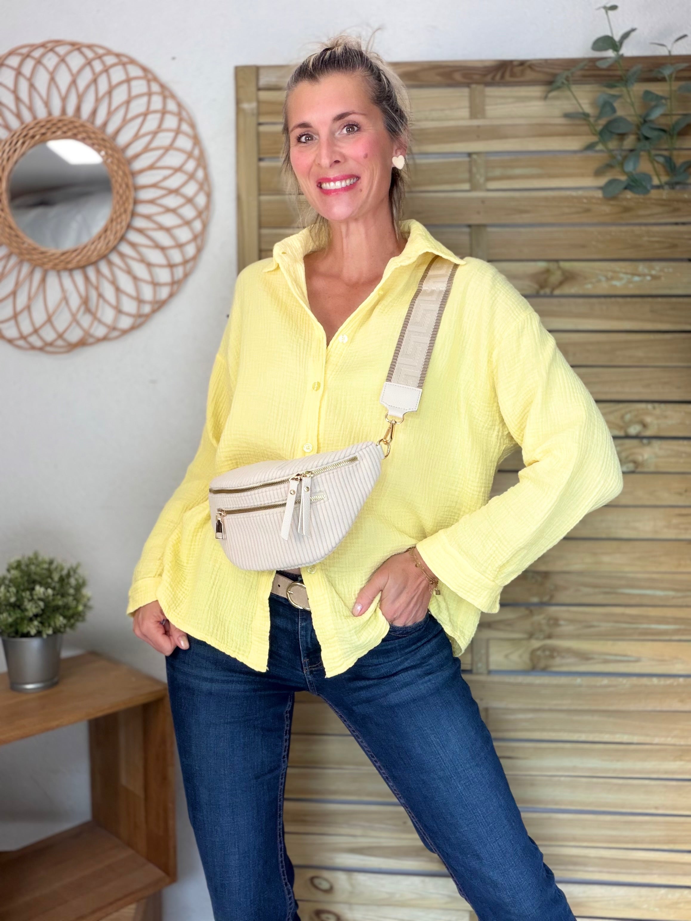 Sac banane en velours côtelé 2 zips et sangle fantaisie - CHARLY Beige clair
