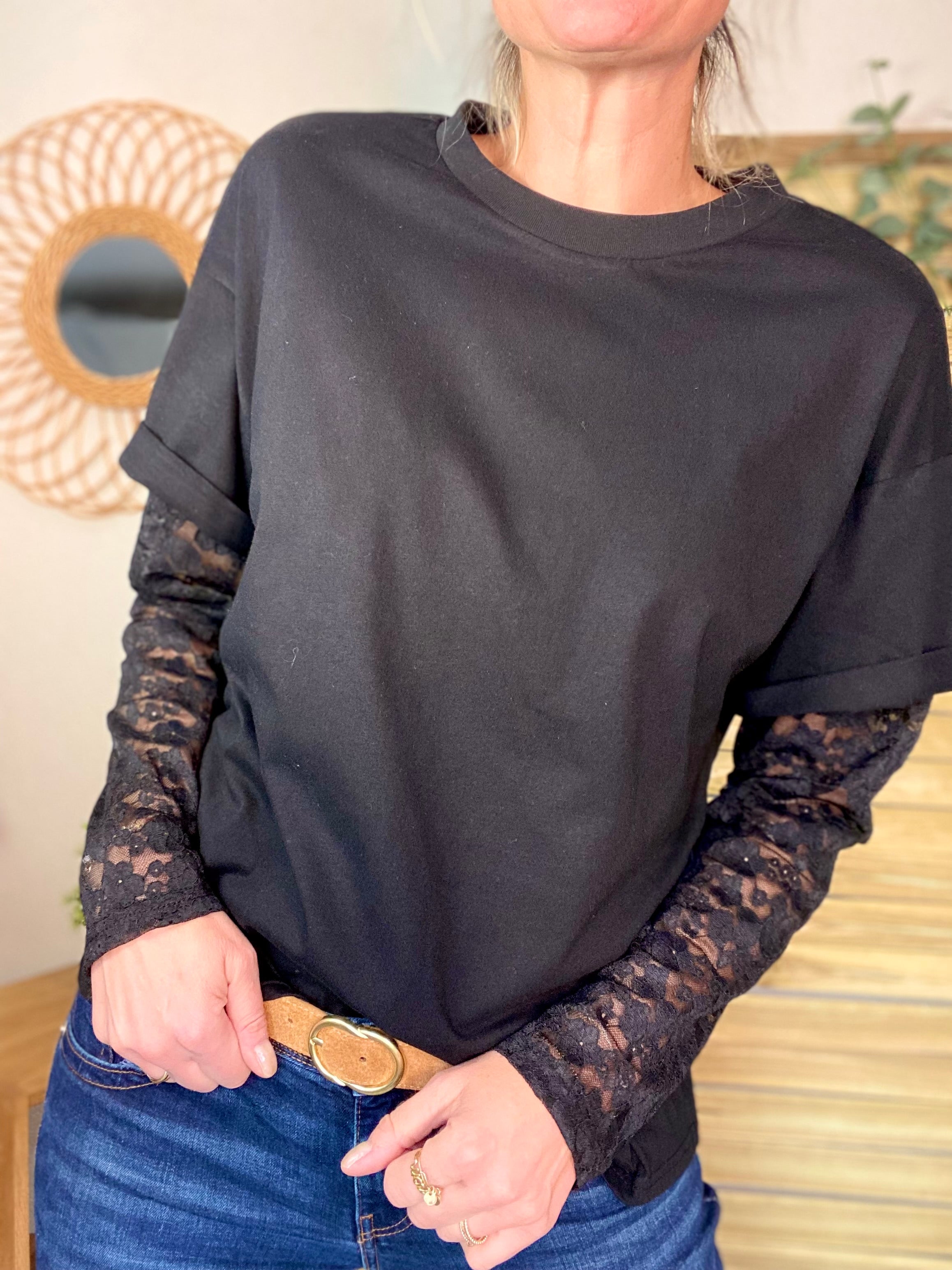 Tee shirt avec manches longues dentelle PAMELA - Noir