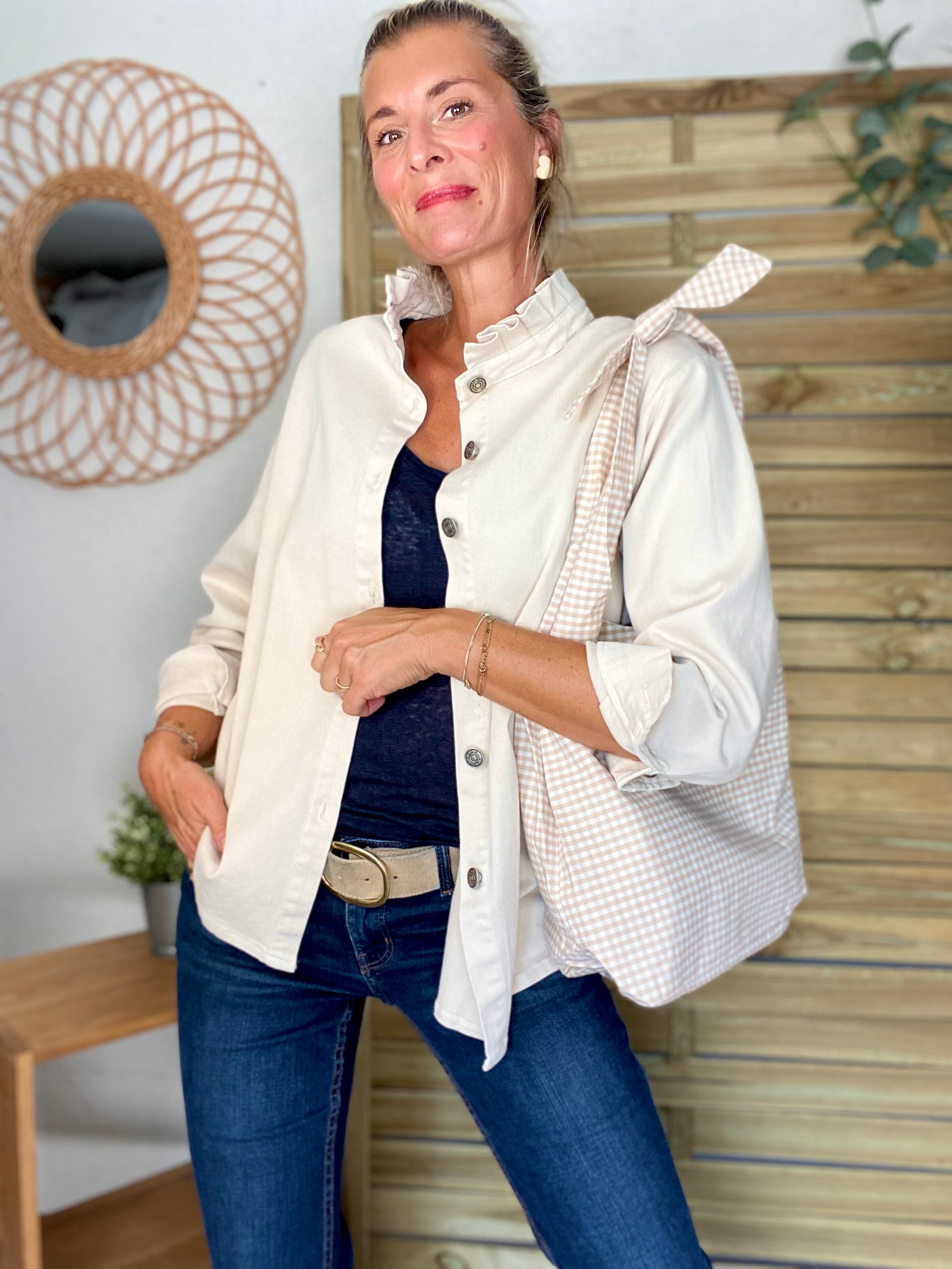 Veste / Chemise en coton, col victorien volanté Beige clair LISON