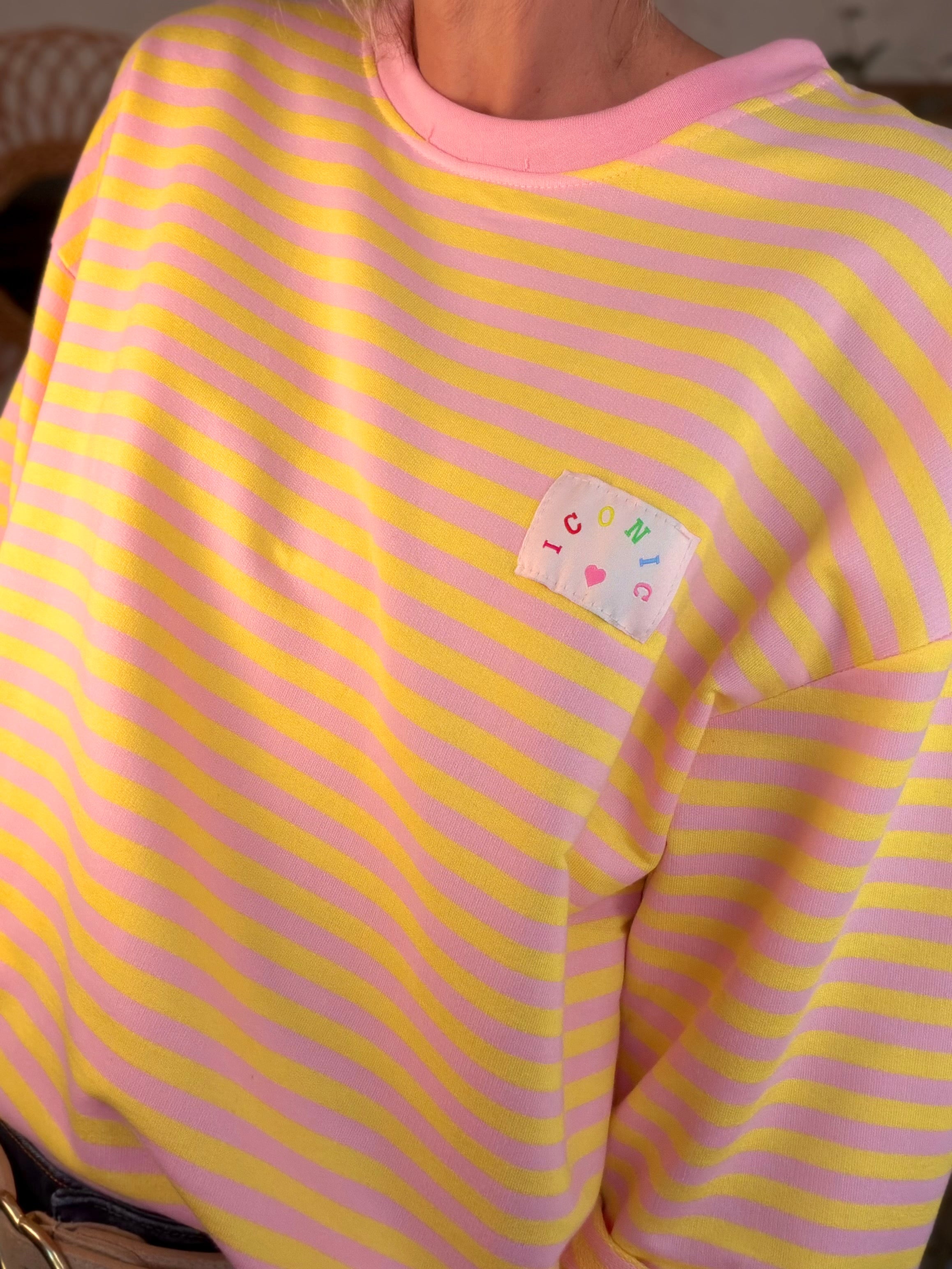 Sweat fin rayé ample Iconic CORALIE - Rose / Jaune
