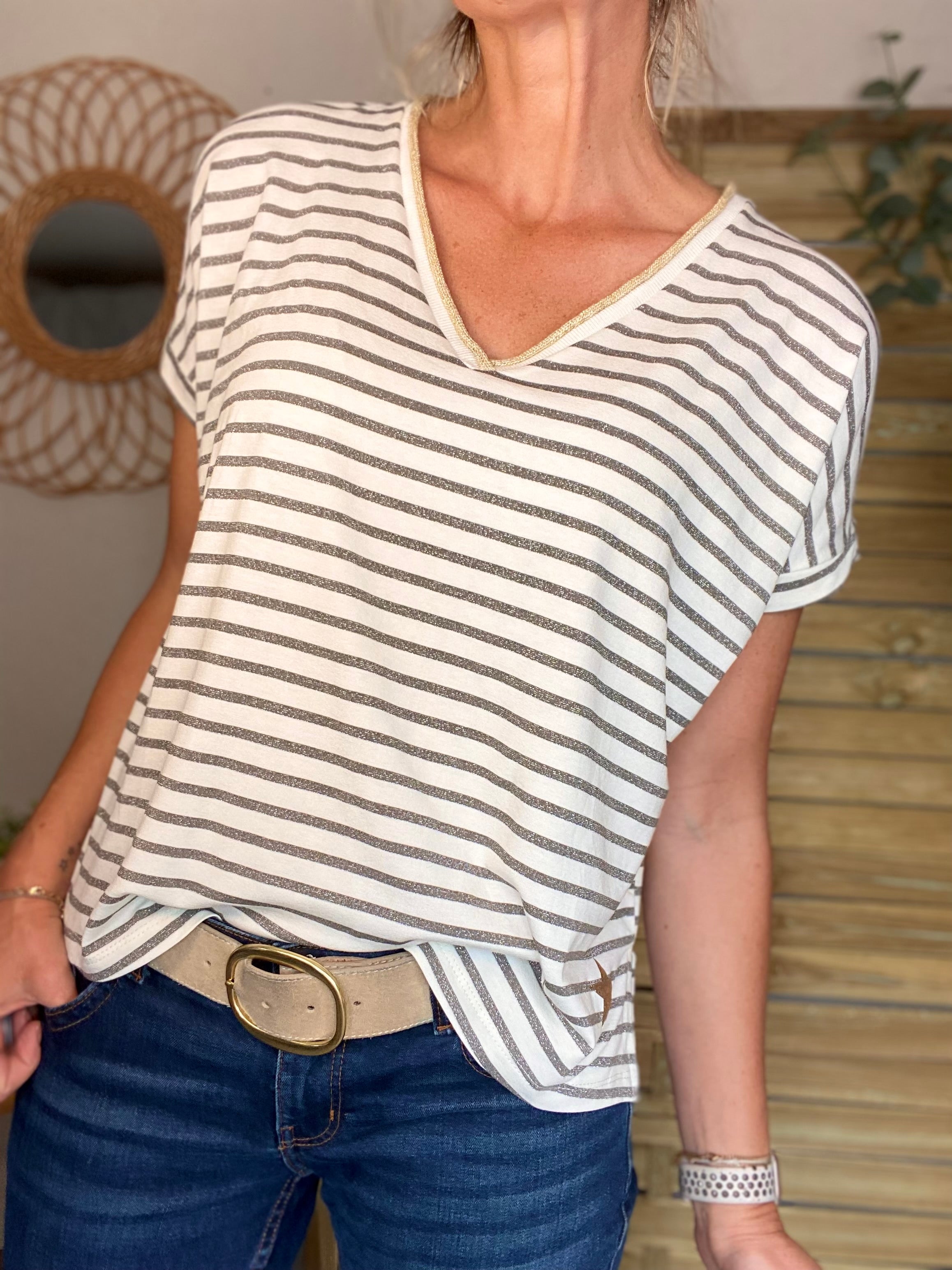Top rayé col V avec étoile ⭐️ NAOMI - Argent