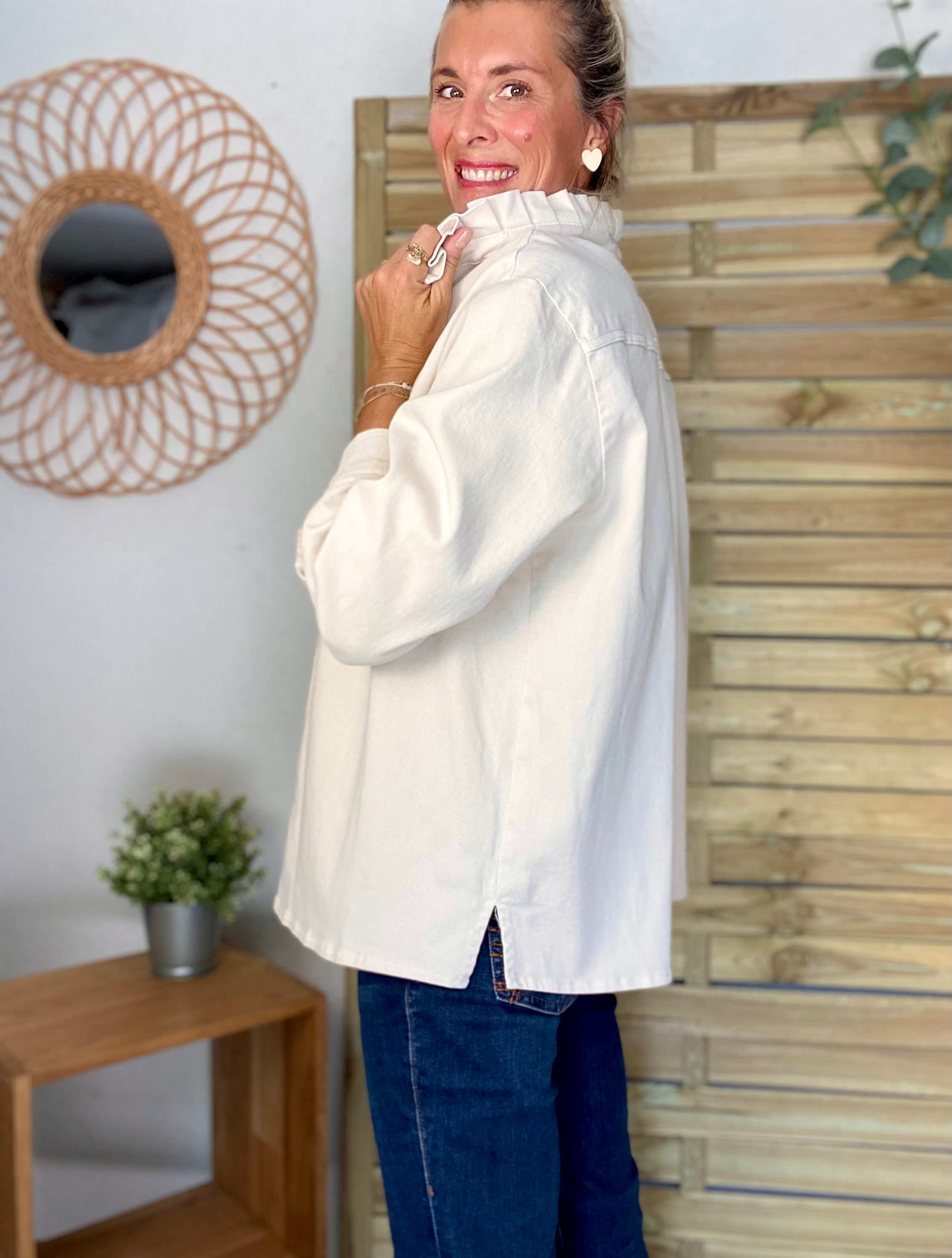Veste / Chemise en coton, col victorien volanté Beige clair LISON