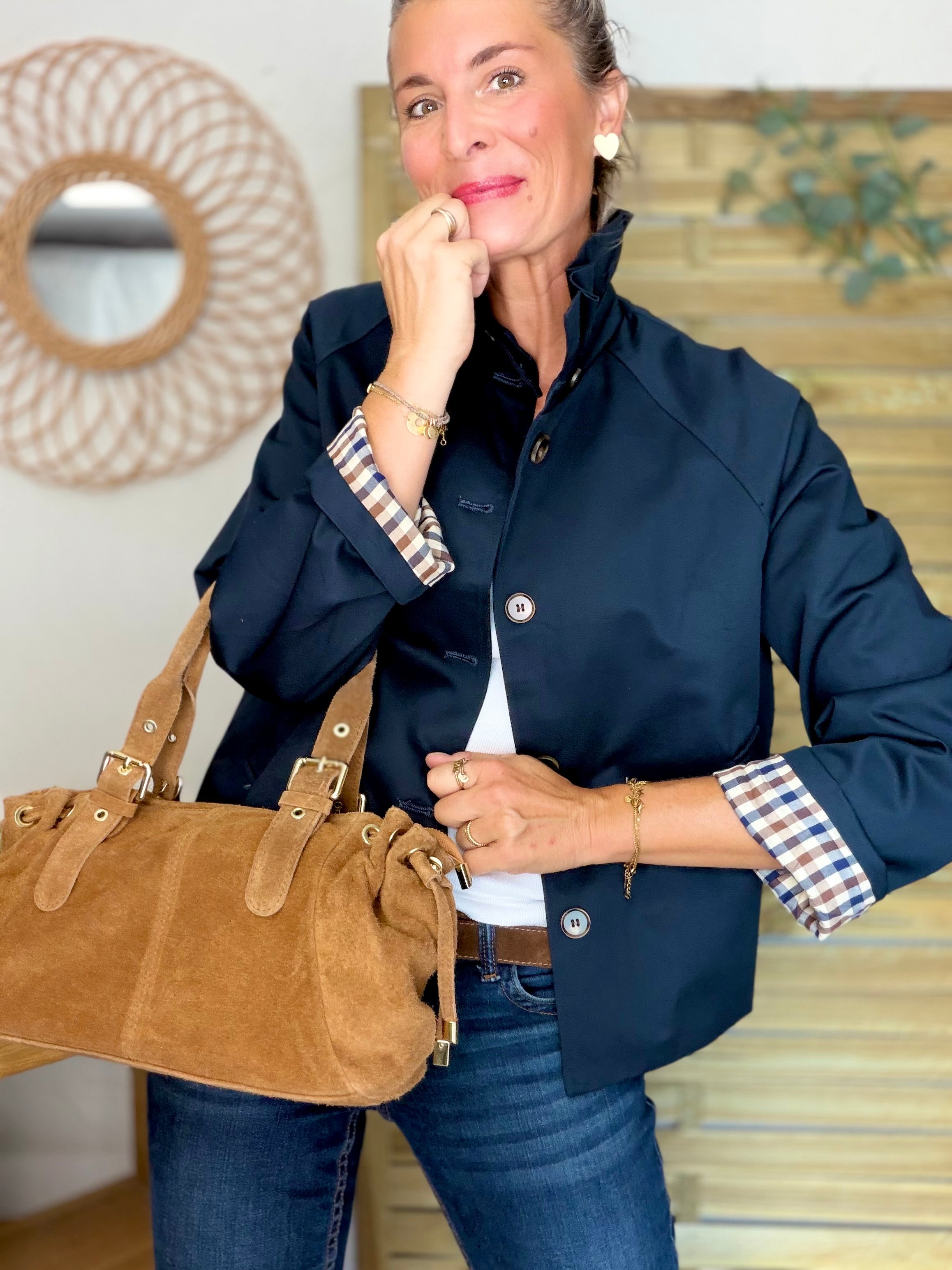 Veste Trench col victorien, doublure carreaux - VICTORIA Bleu marine