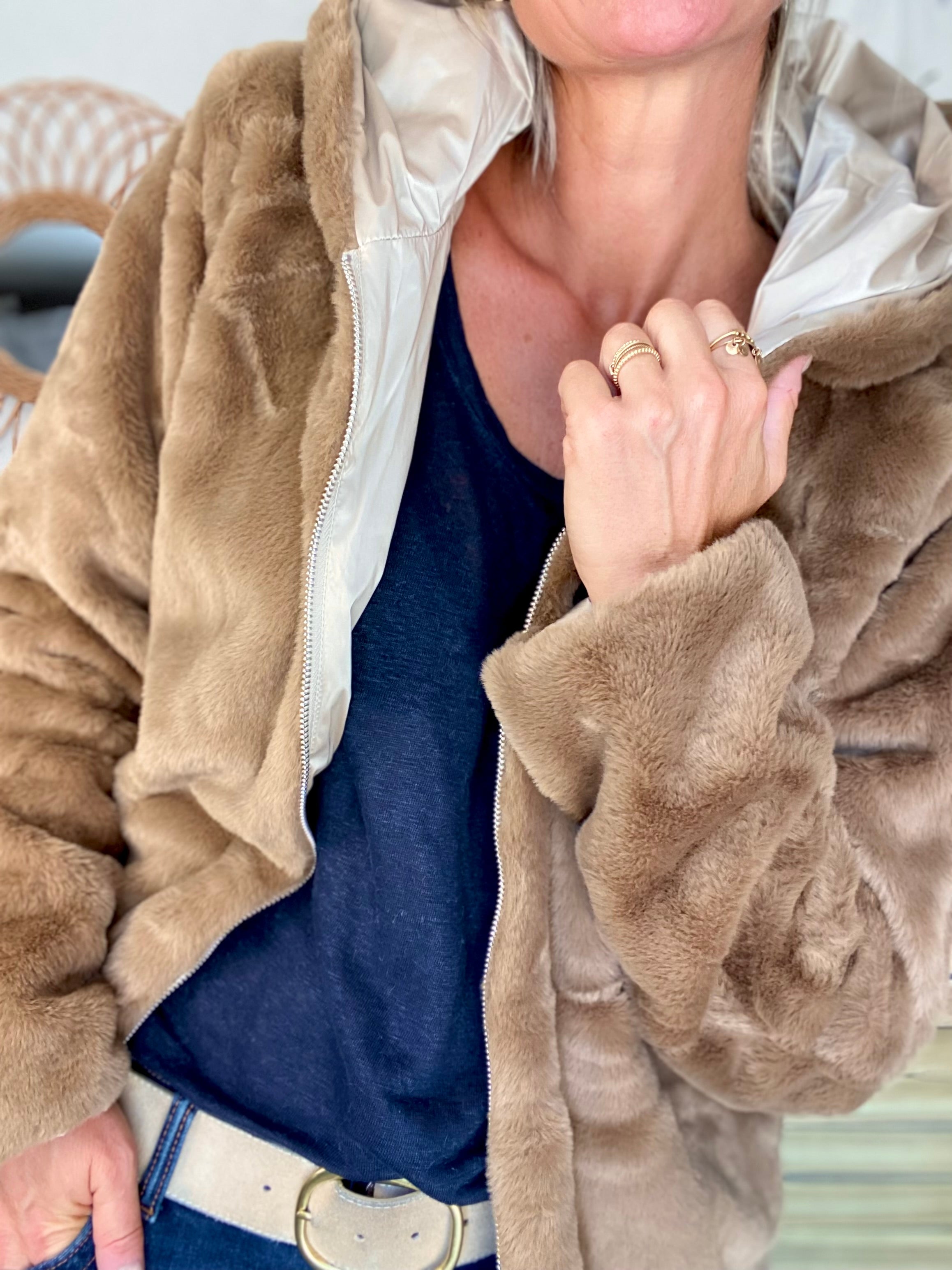 Parka Imperméable réversible fourrée Sable irisé / Camel ALIX - LAURA JO