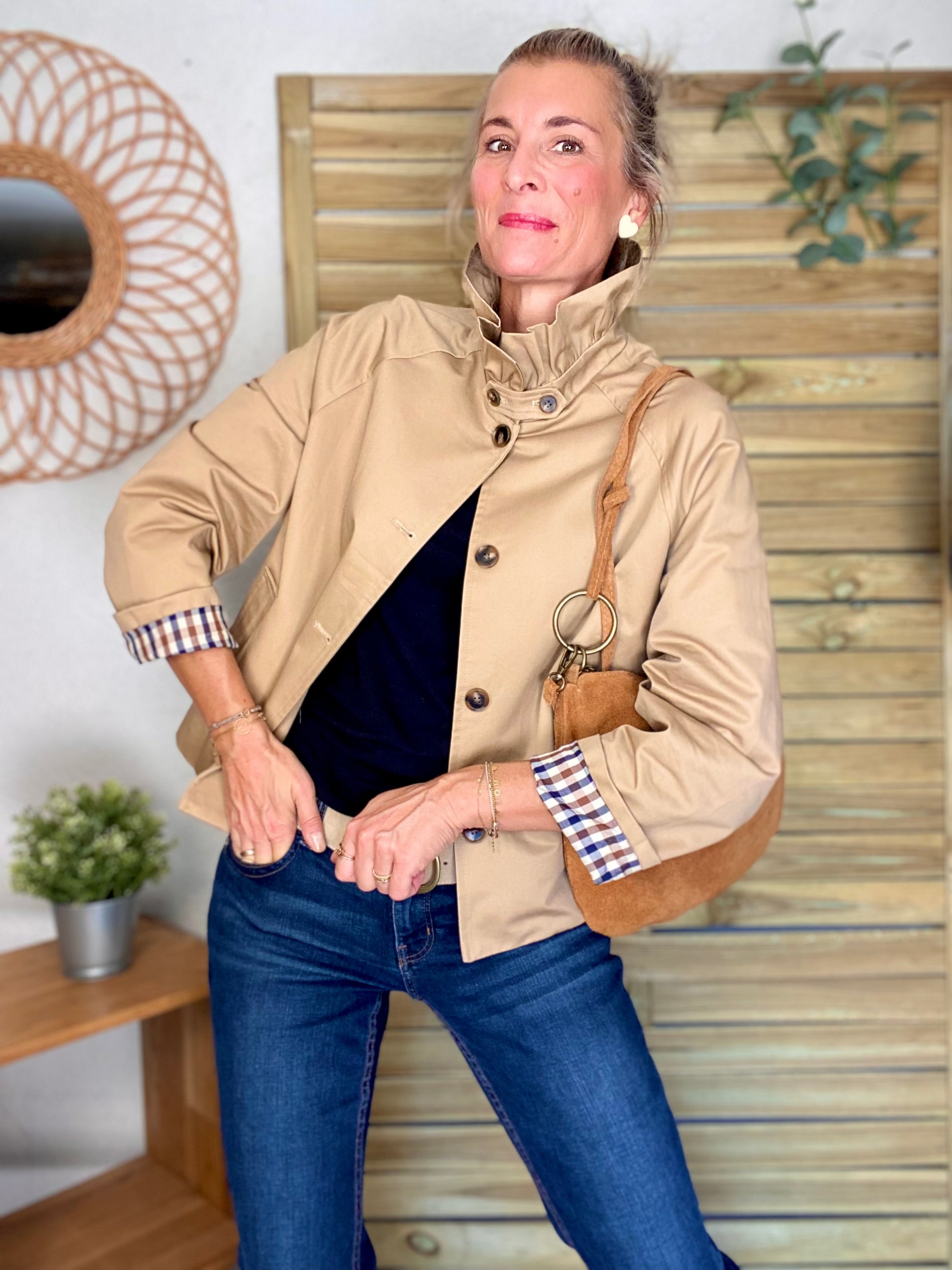 Veste Trench col victorien avec vichy - VICKY Beige