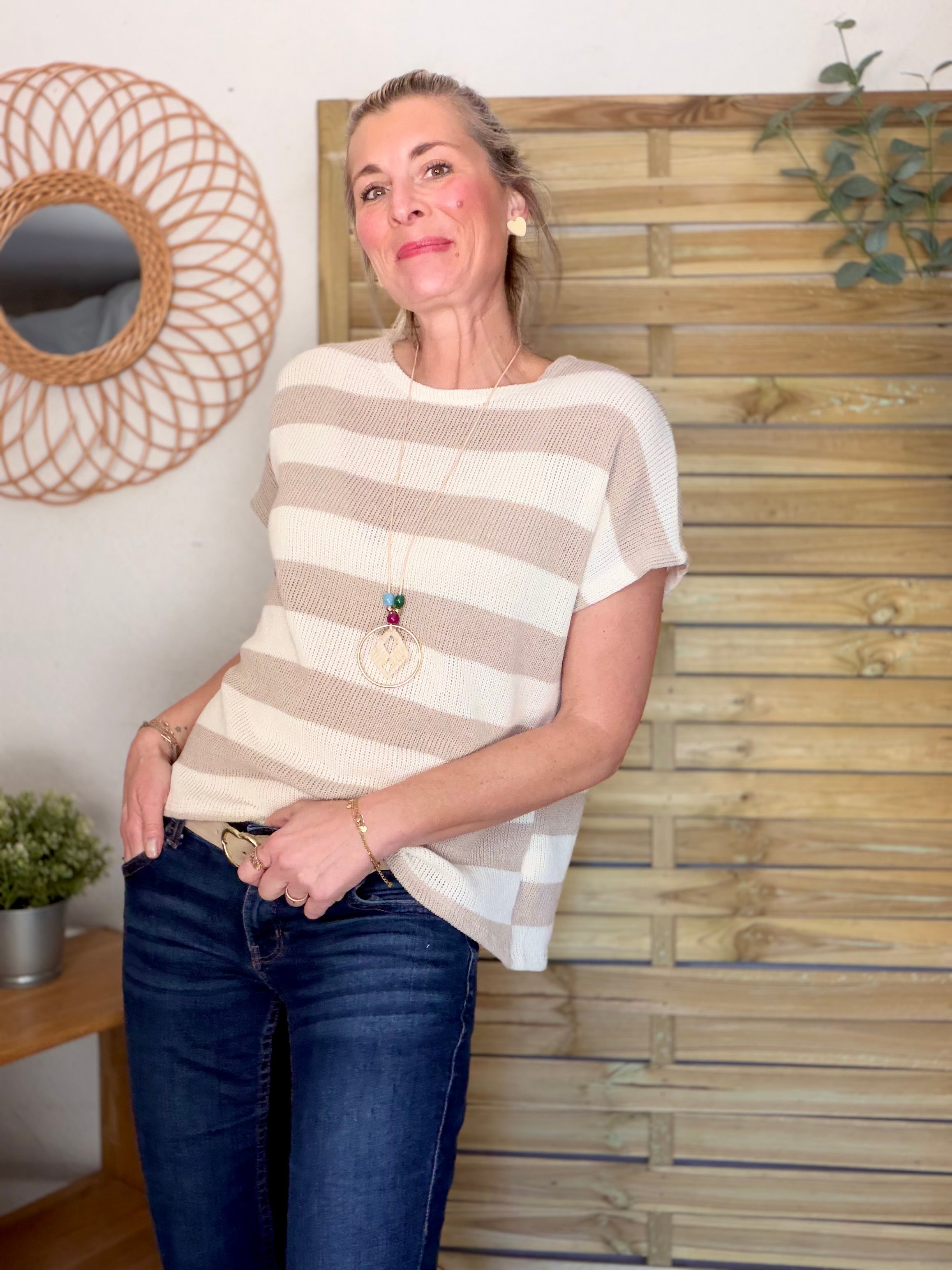 Top en maille rayé oversized KYARA Beige + collier