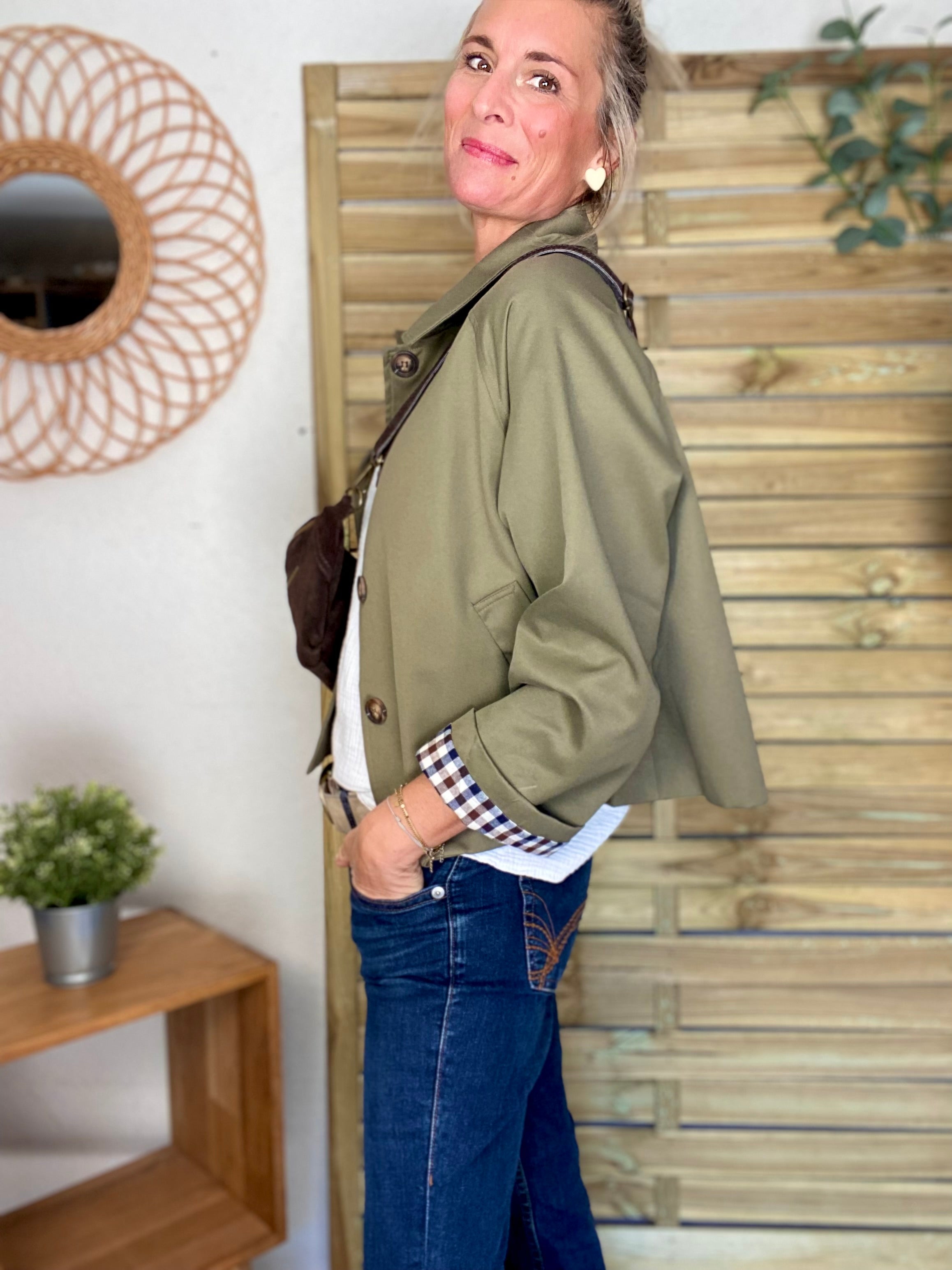 Veste Trench en coton avec vichy - YSEULT court Kaki