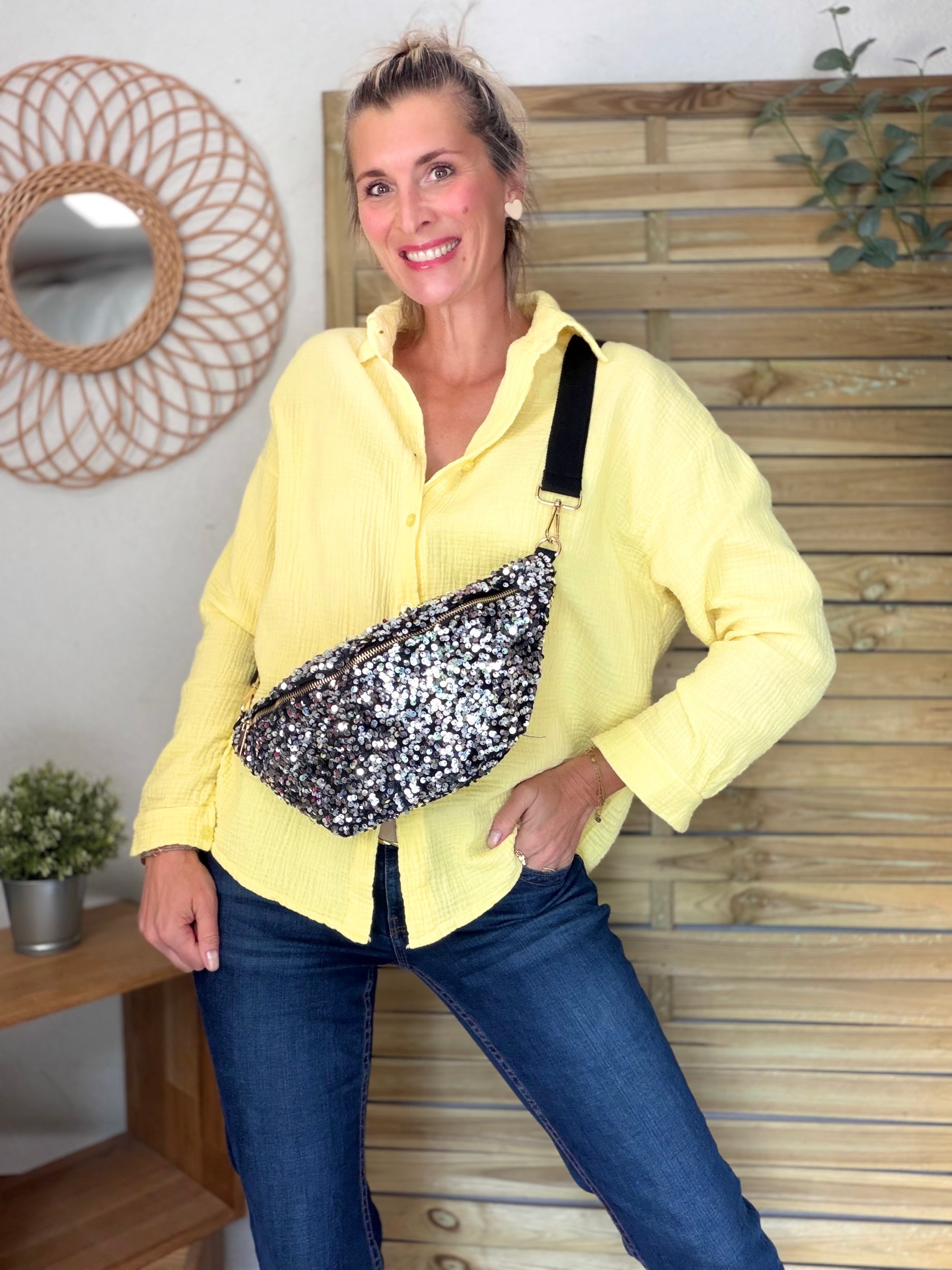 Sac banane L velours à sequins Ciao Boum- TAYLOR - Noir / Argent