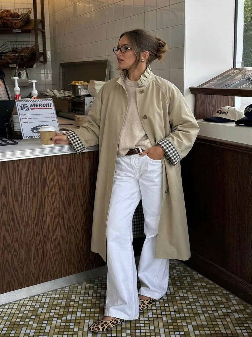 Veste Trench col victorien avec vichy - VICKY LONG Beige