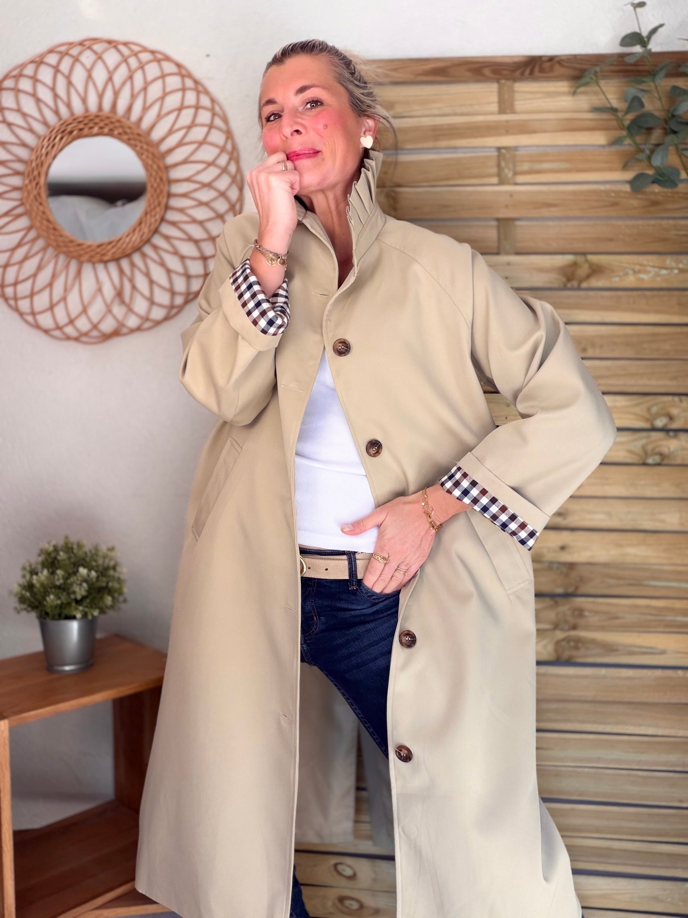 Veste Trench col victorien avec vichy - VICKY LONG Beige