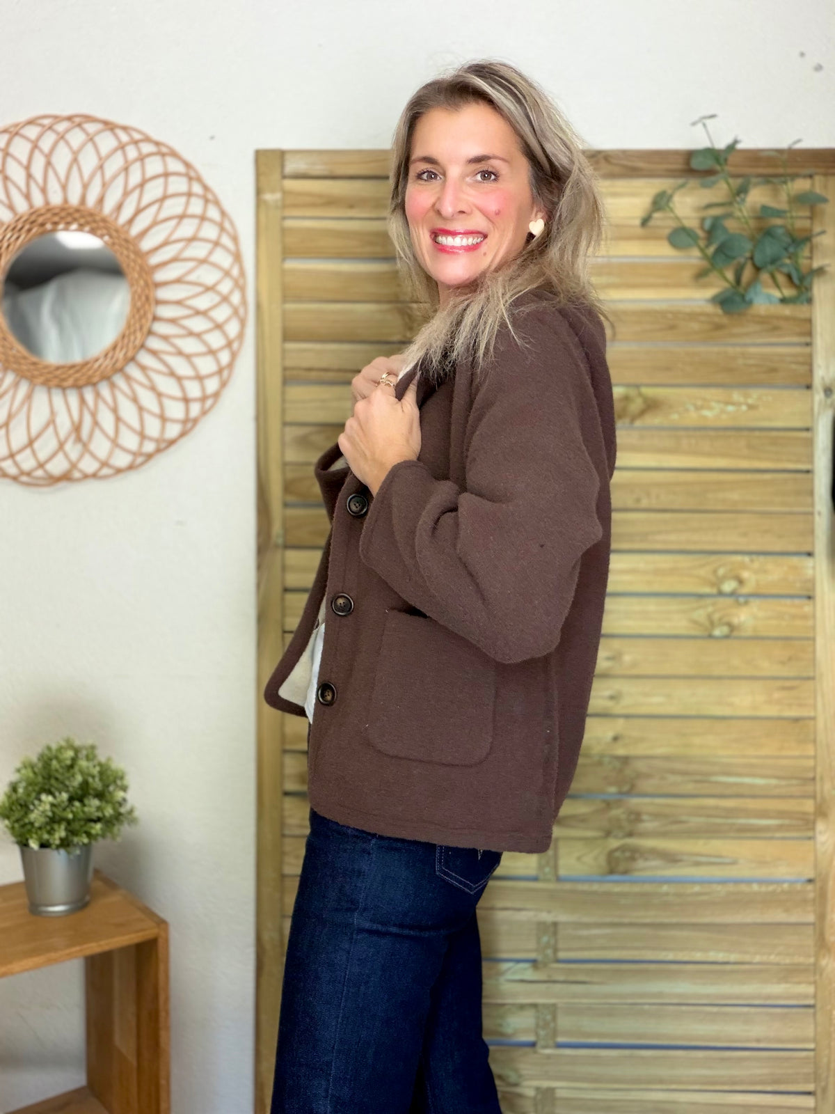 Veste / Gilet chaud réversible avec capuche ORIANE Choco / Beige