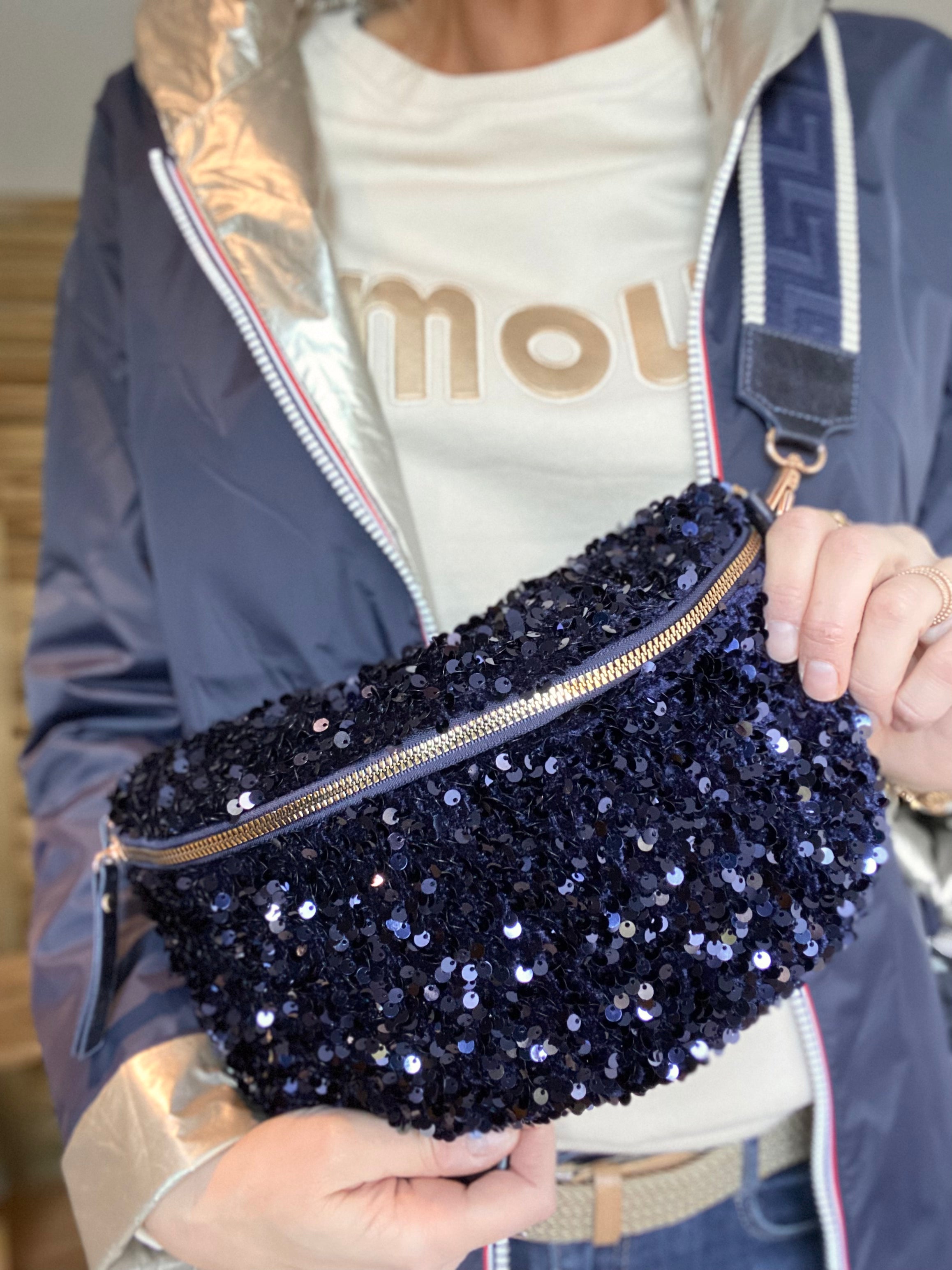 Sac banane L à sequins 30cm et sangle fantaisie - ROXY - Bleu marine (5 coloris)
