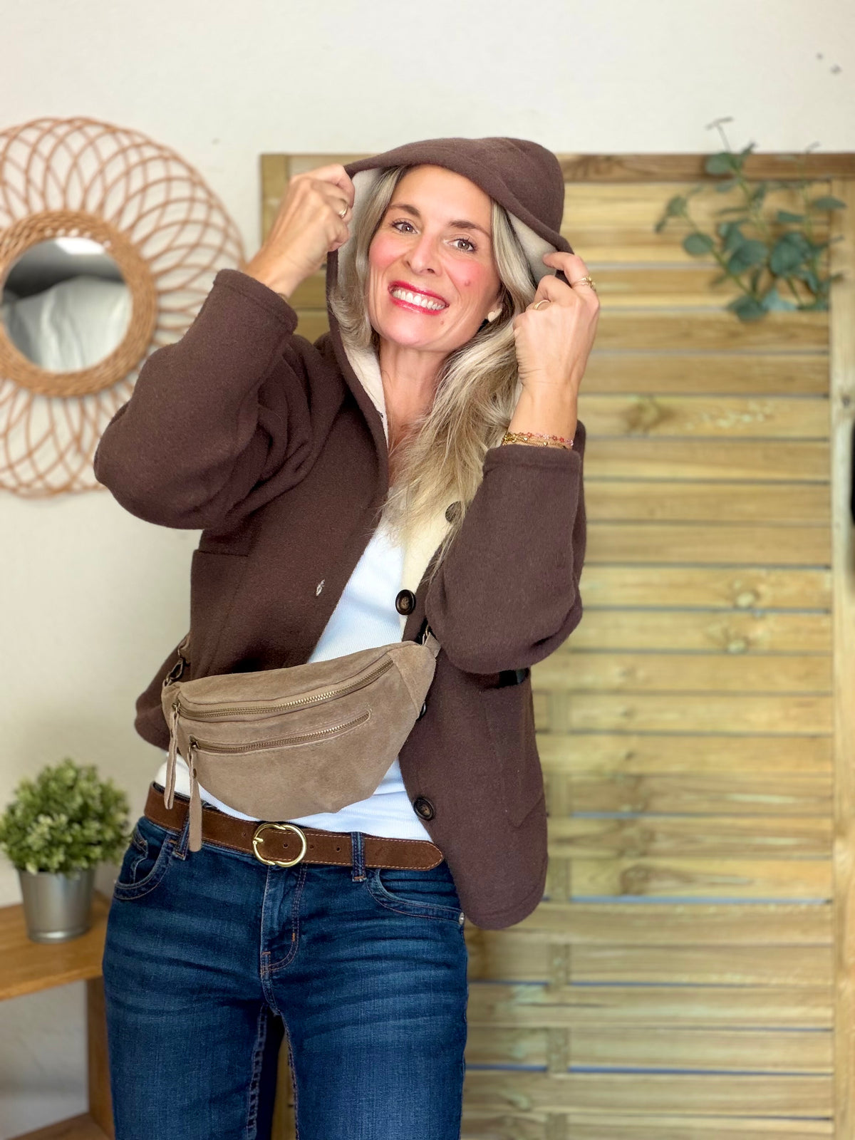 Veste / Gilet chaud réversible avec capuche ORIANE Choco / Beige