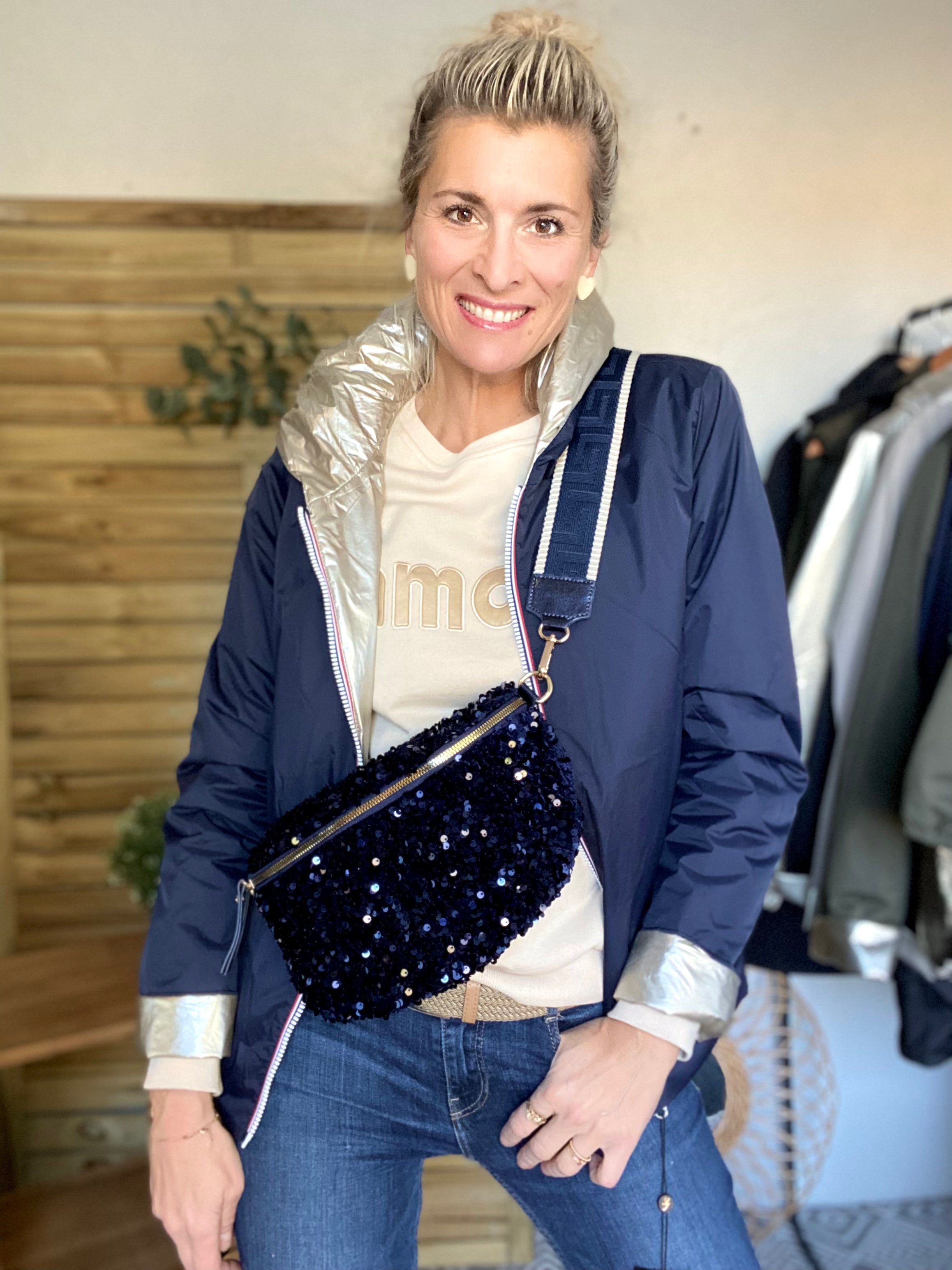 Sac banane L à sequins 30cm et sangle fantaisie - ROXY - Bleu marine