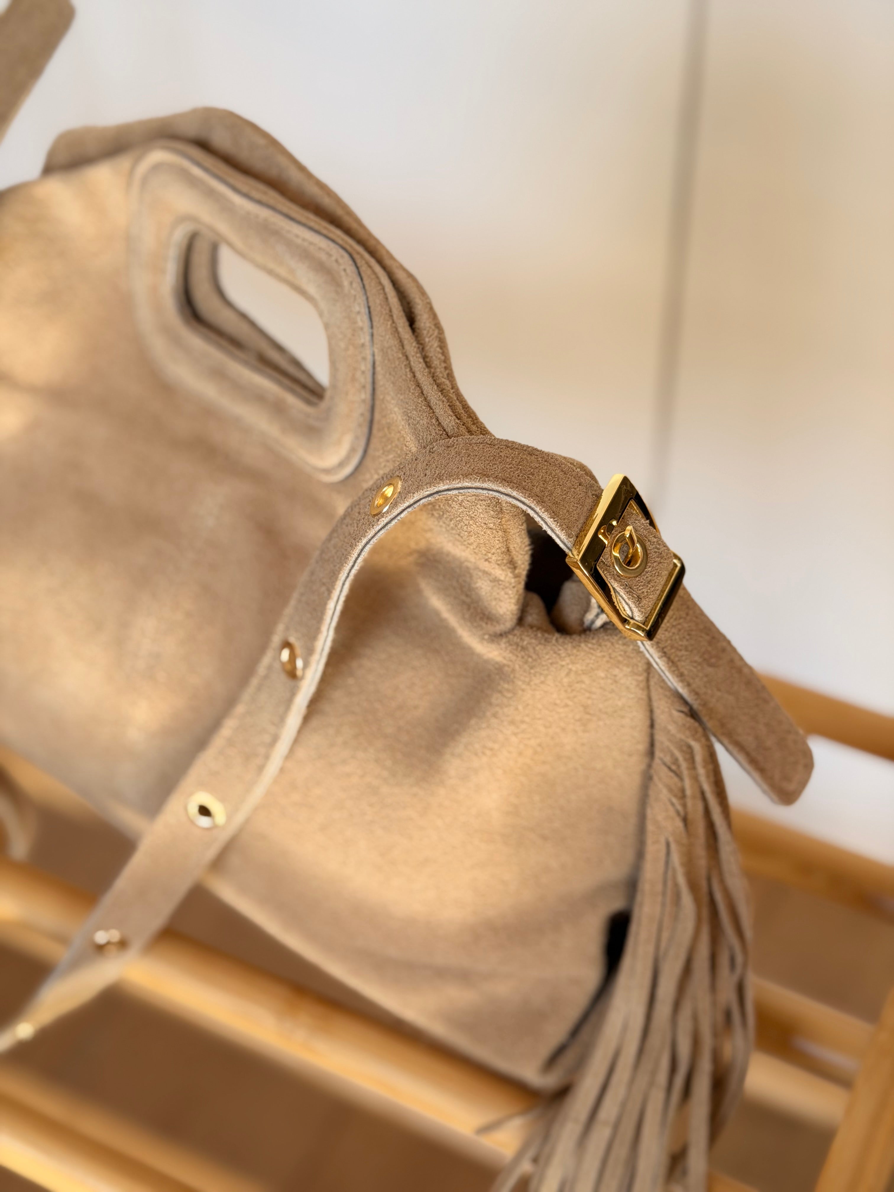 Sac en cuir daim avec franges LOGAN - Beige clair
