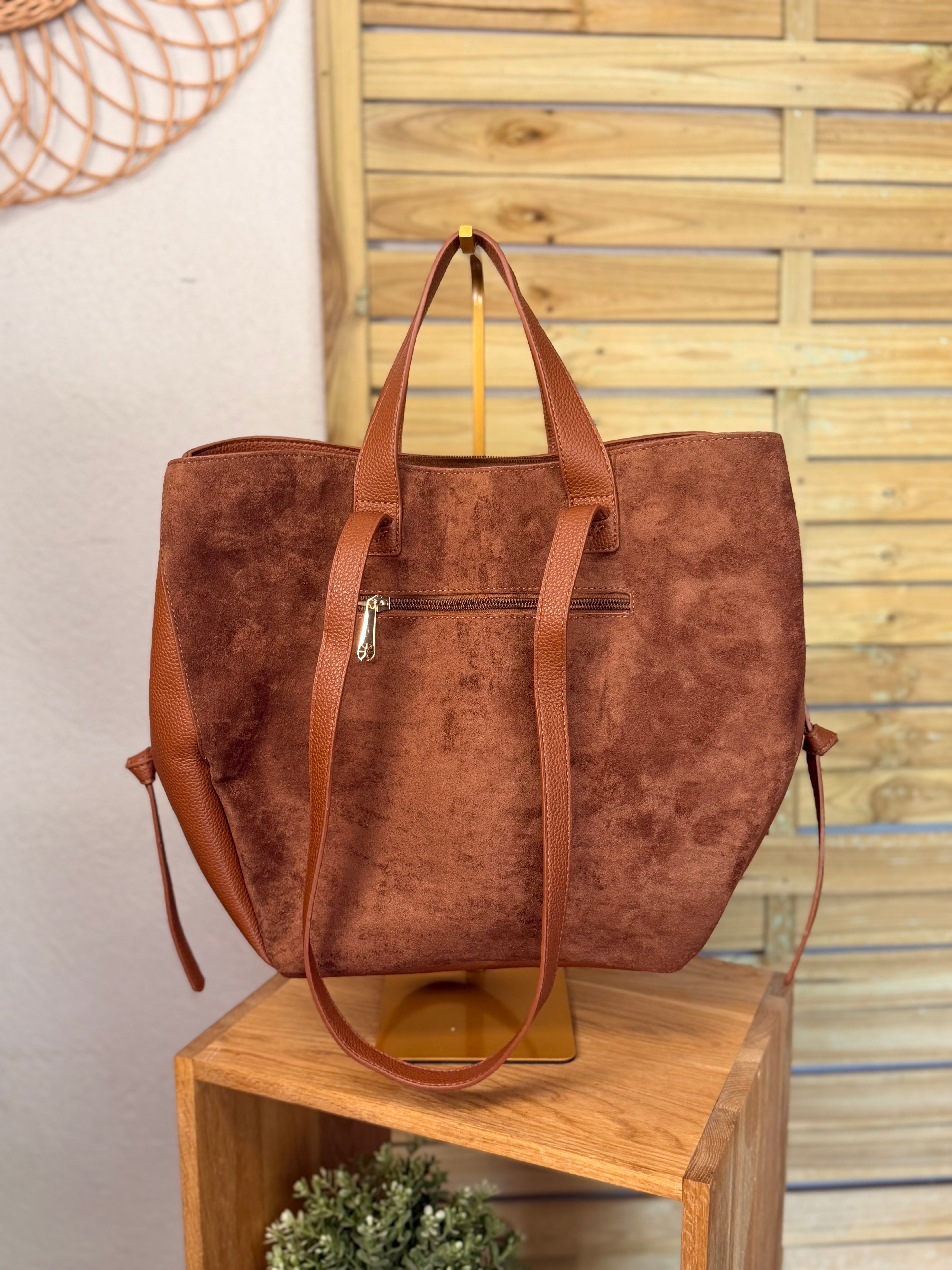 Grand Sac cabas 2 en 1 en simili daim - LAURÈNE Camel