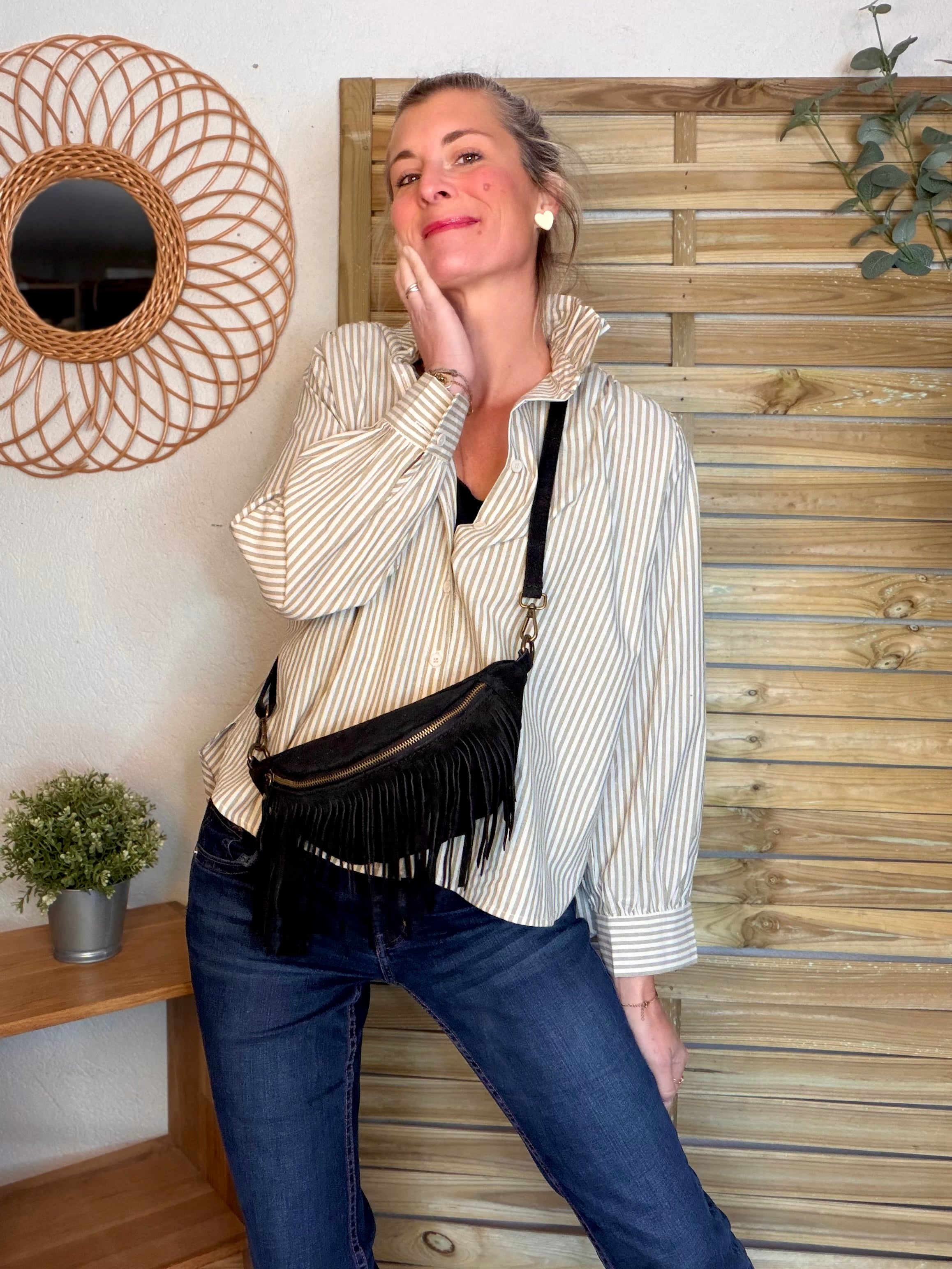 Sac banane avec franges en cuir daim - PIETRA - Noir