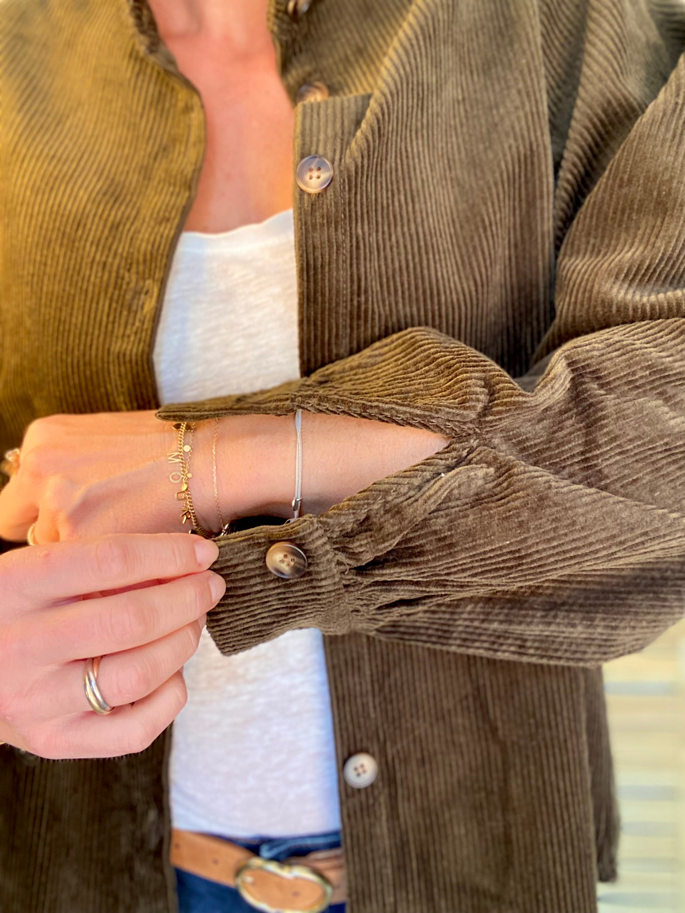 Veste / Chemise en coton, col victorien volanté YVONNE - Velours Kaki