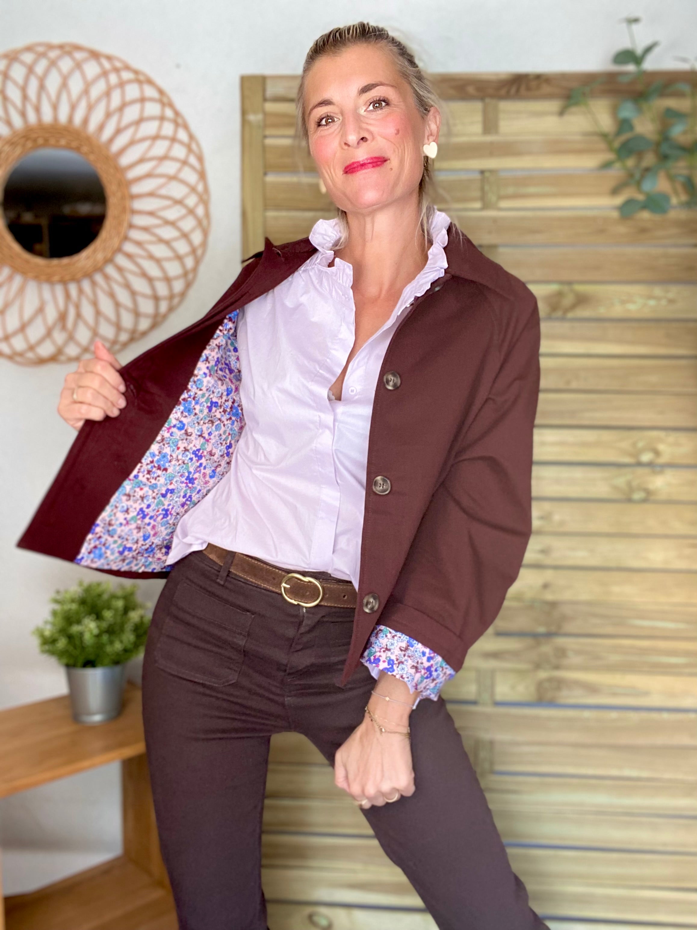 Veste Trench en coton bordeaux foncé avec Liberty - MAHAUT