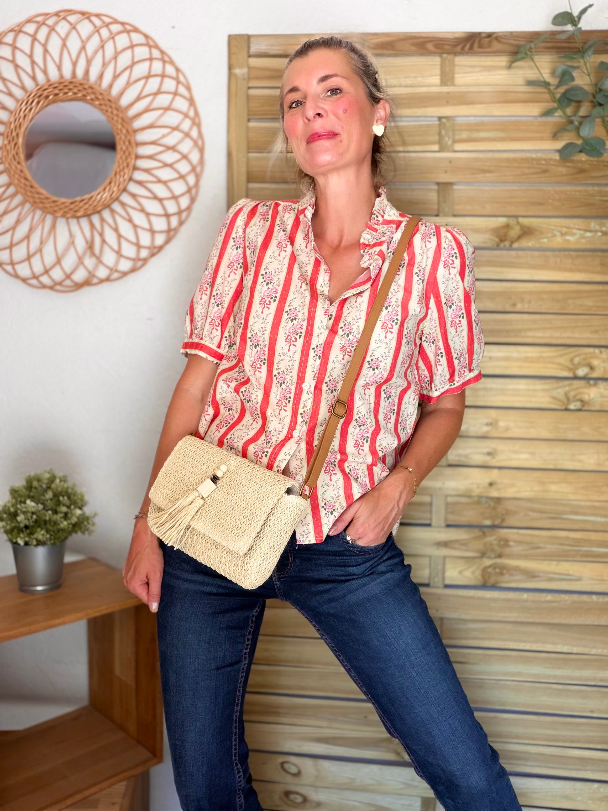 Blouse fleurie rayures VALENTINE Corail