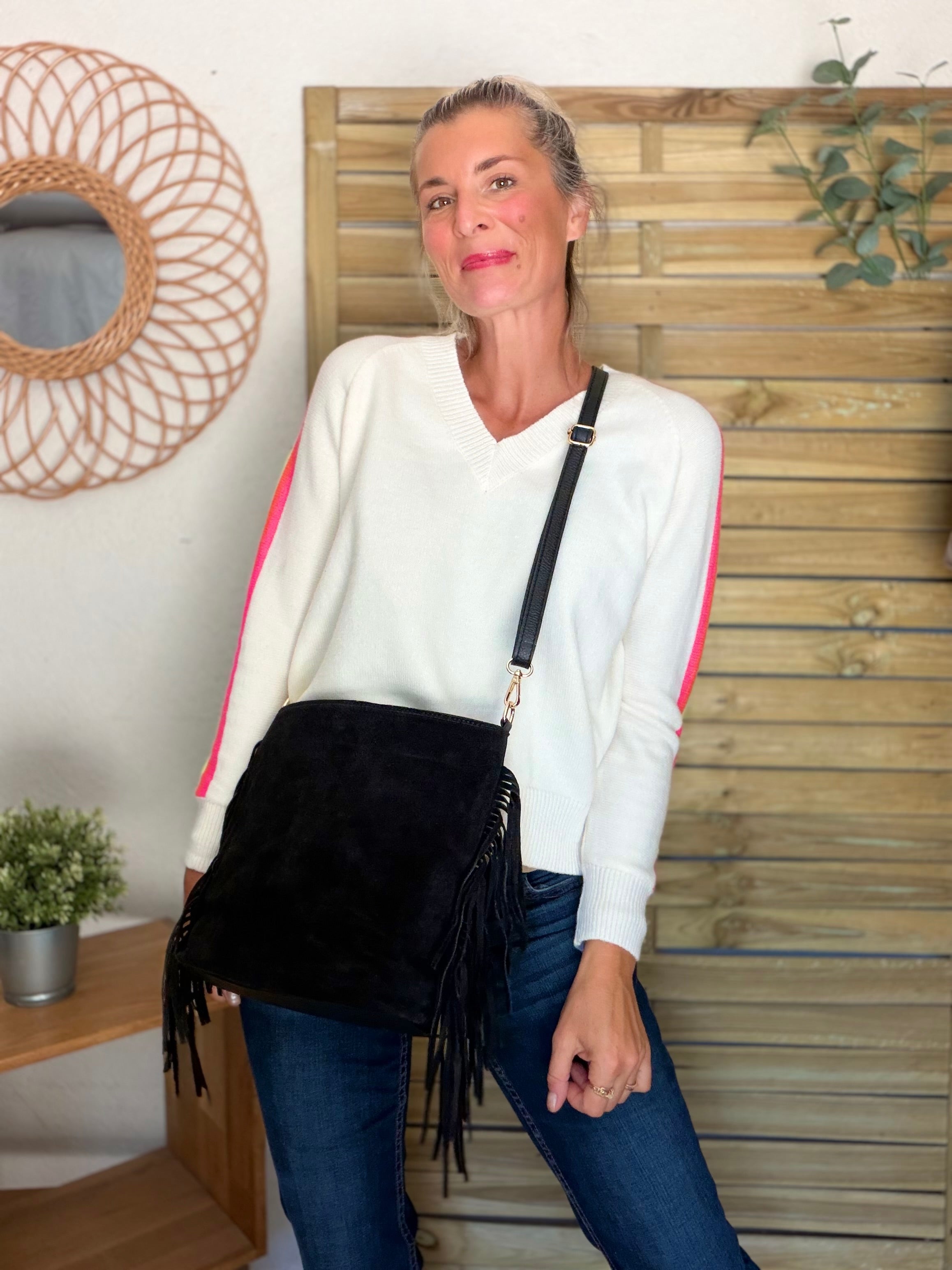 Sac seau en cuir daim avec franges KYLIE - Noir