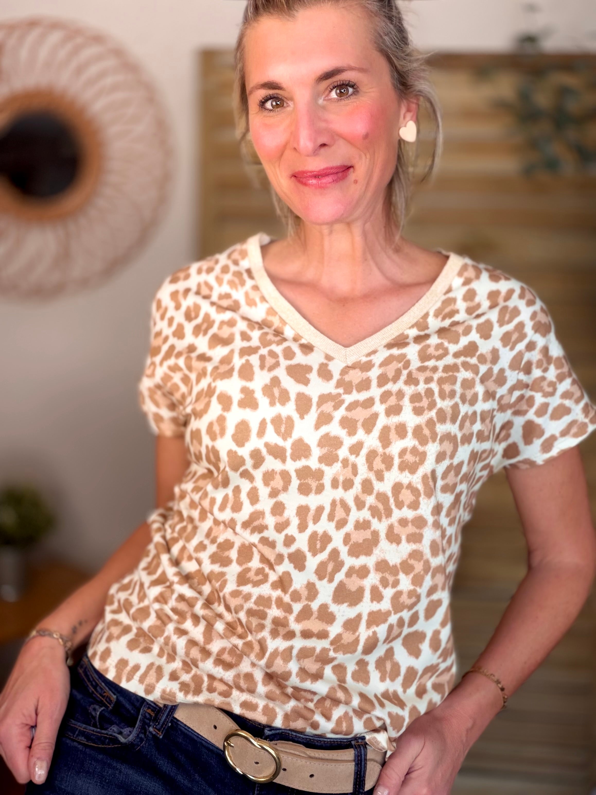 Top imprimé Léo col V lurex MIRTA - Camel