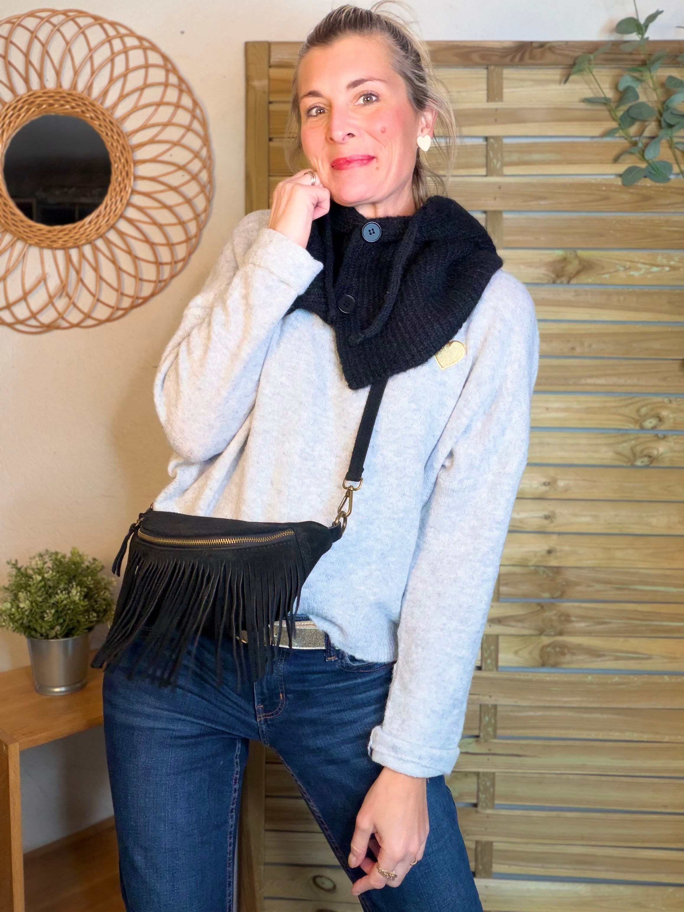 Pull léger en maille cœur doré brodé 💛 MELISSA - Gris chiné