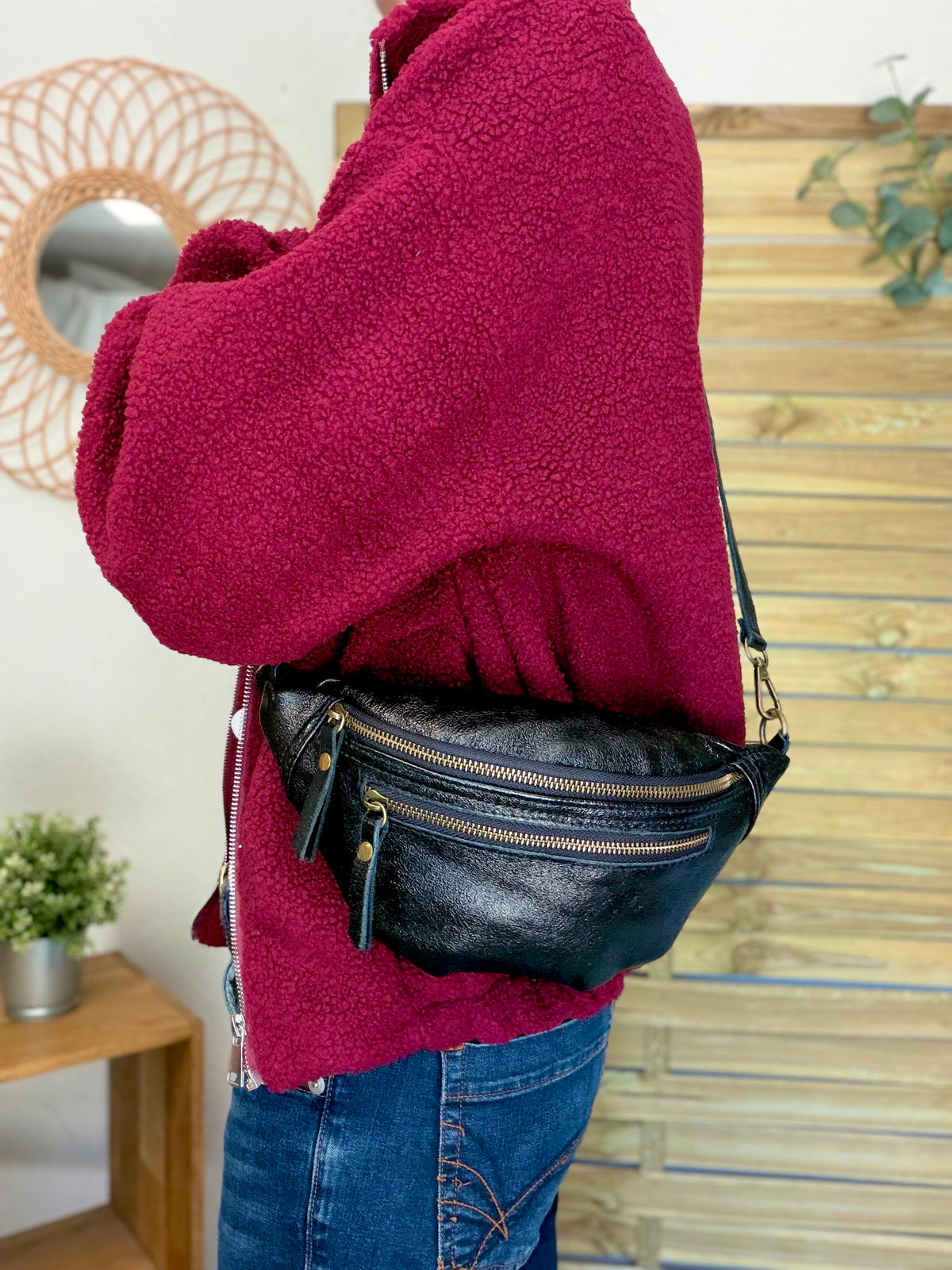Sac banane en cuir irisé double poche - OPALE - Noir / Laiton