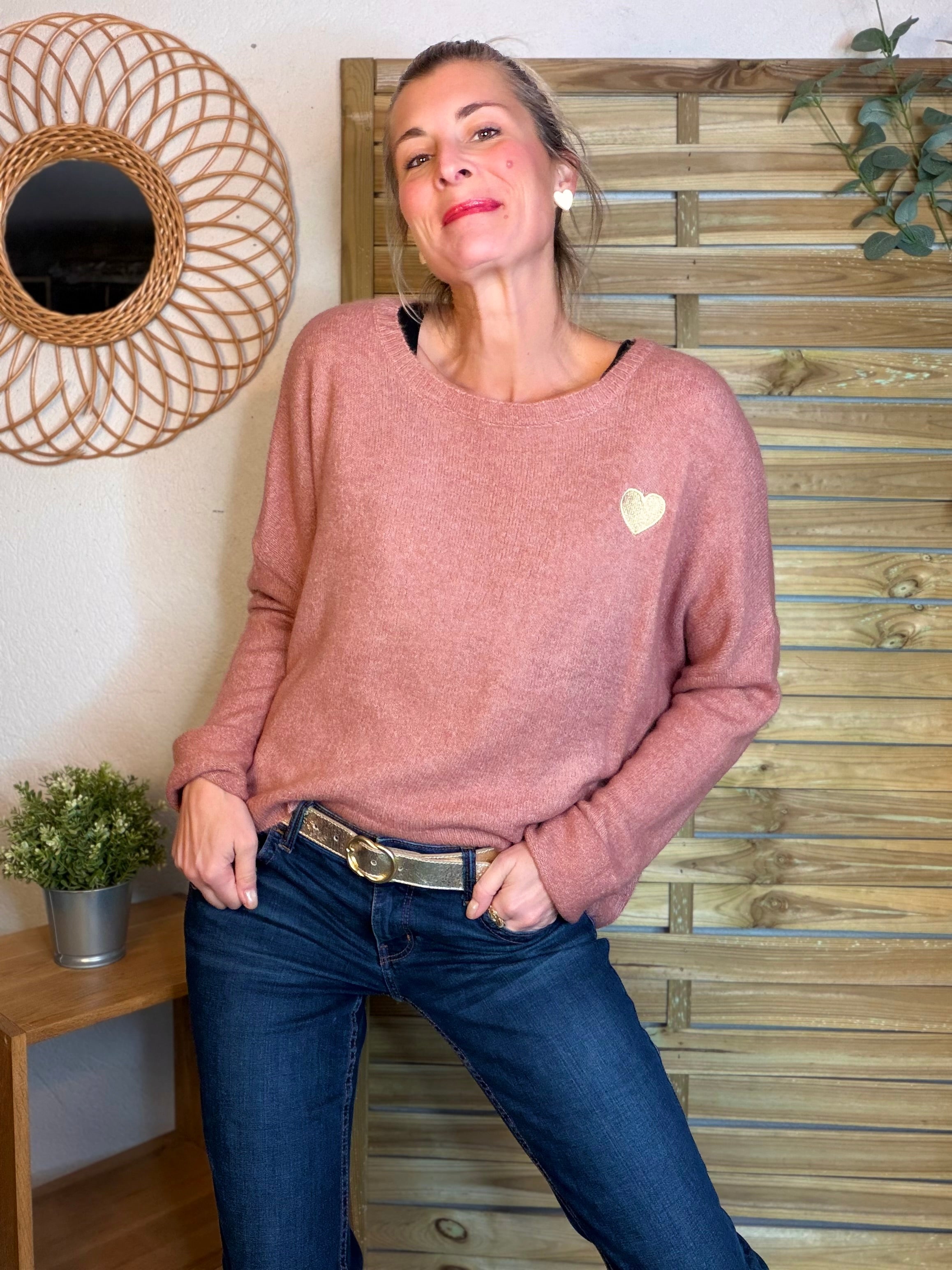 Pull léger en maille cœur doré brodé 💛 MELISSA - Vieux rose