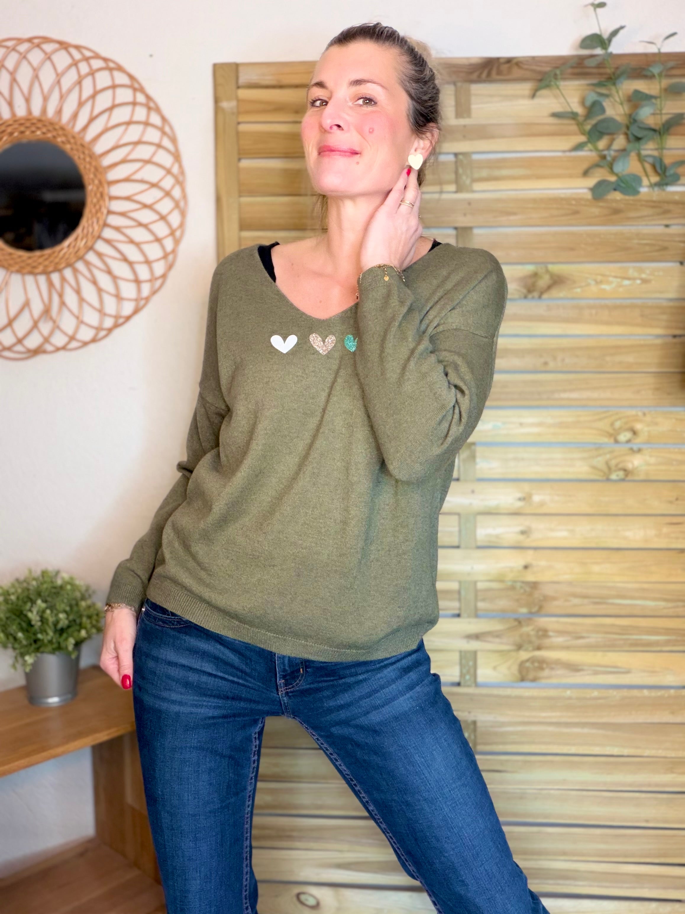 Pull fin 3 cœurs 💛 BERTILLE - Kaki