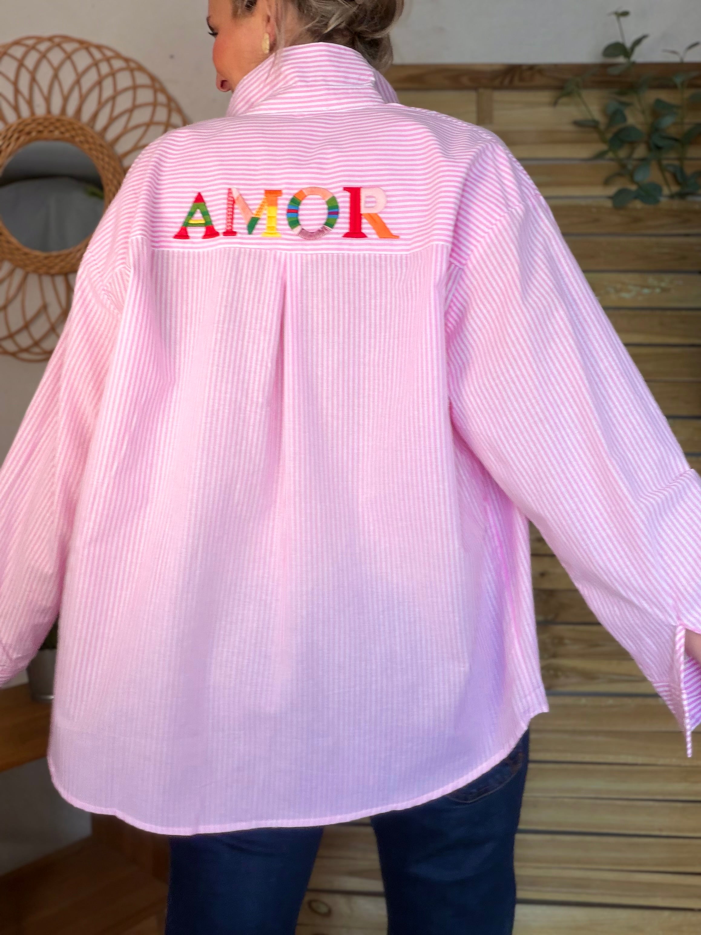 Chemise rayée brodée AMOR rose ❤️☀️ SHANIA