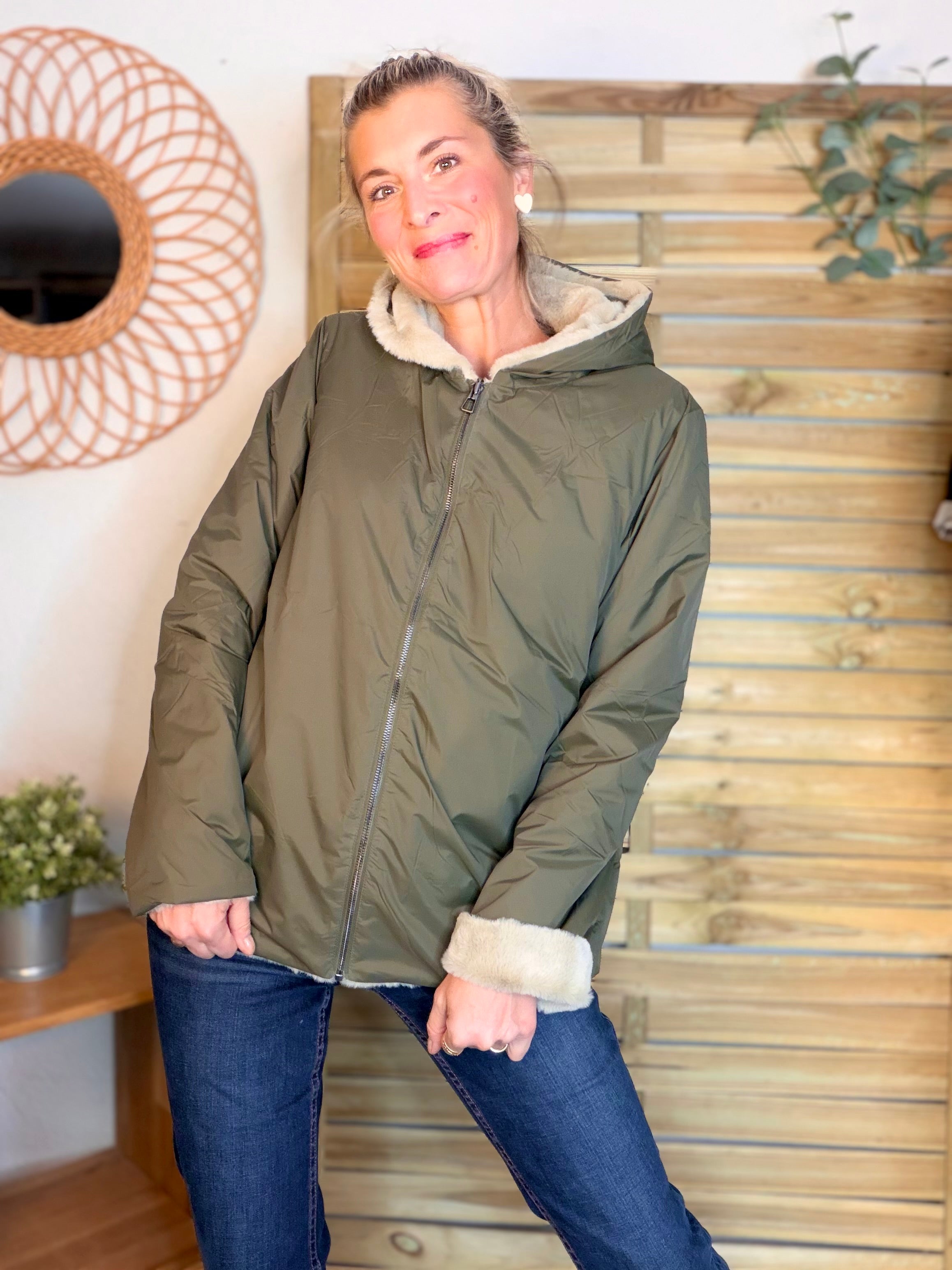 Parka Imperméable réversible fourrée Kaki / Beige ALIX Court - LAURA JO