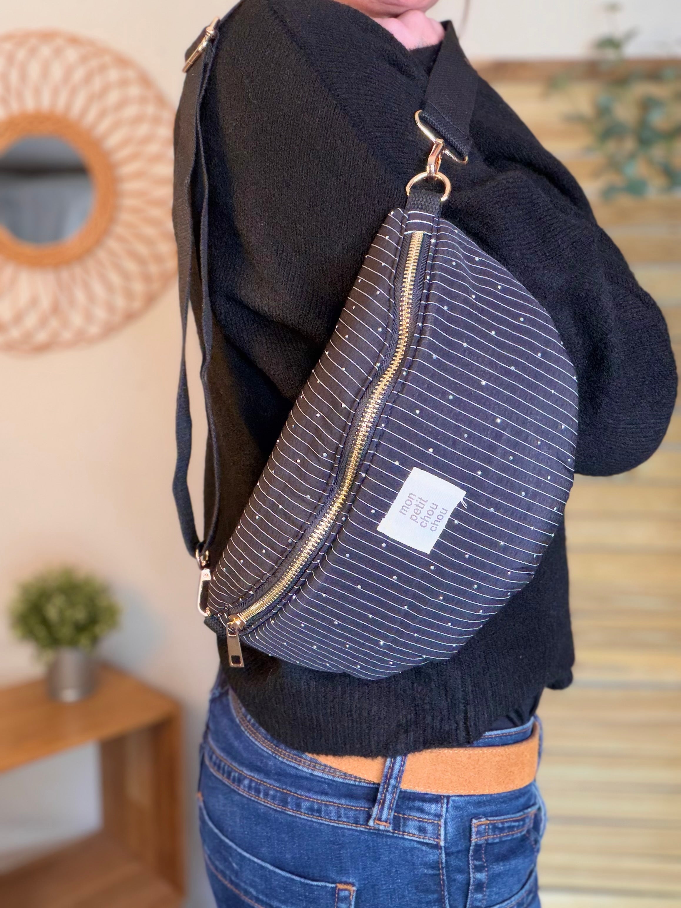 Sac banane avec strass BONNIE - Rayée noir